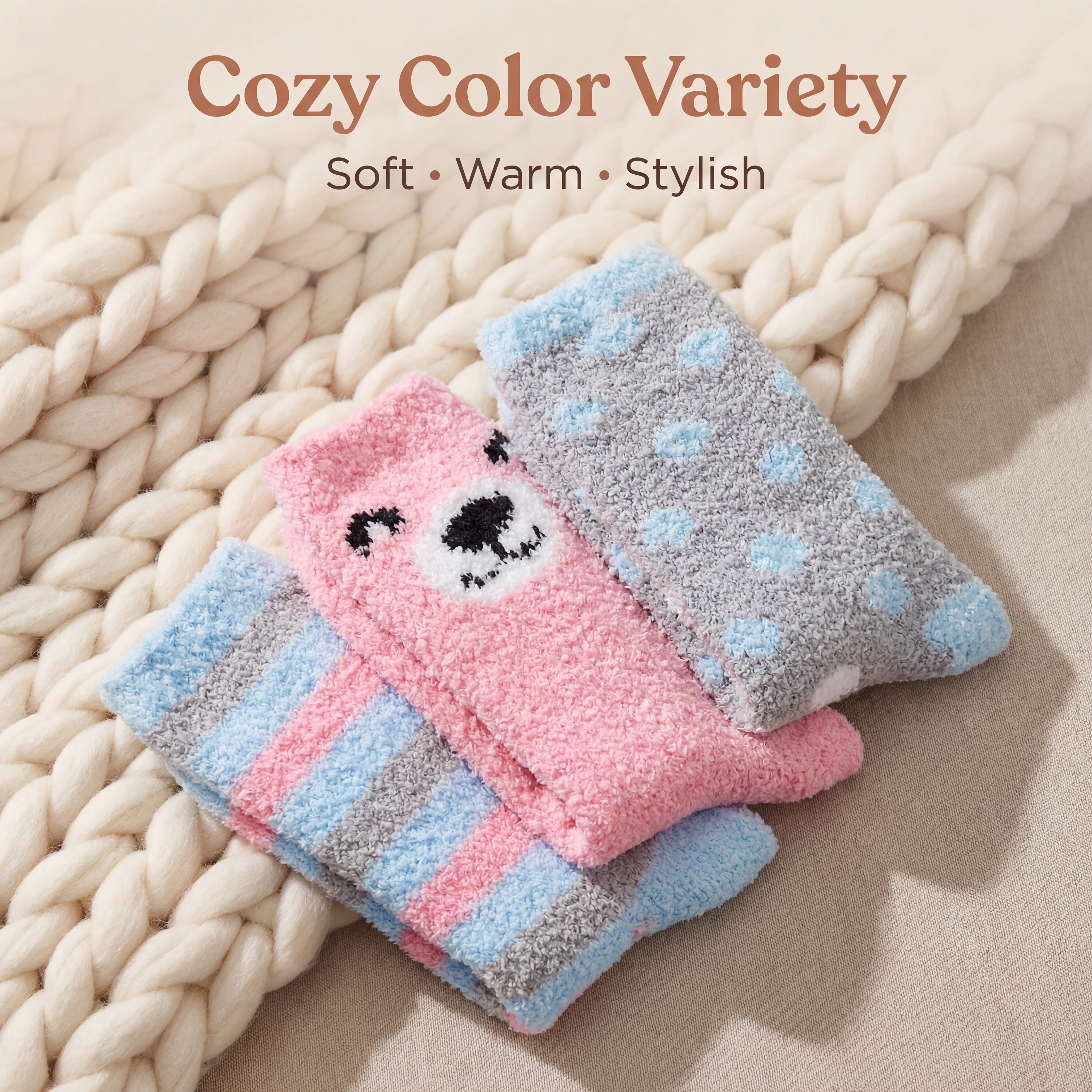 Stack of colorful socks with a cartoon design on a textured surface, featuring text 'Cozy Color Variety' and 'Soft Warm Stylish'.