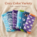 Five pairs of colorful socks on a textured fabric background with text 'Cozy Color Variety'.