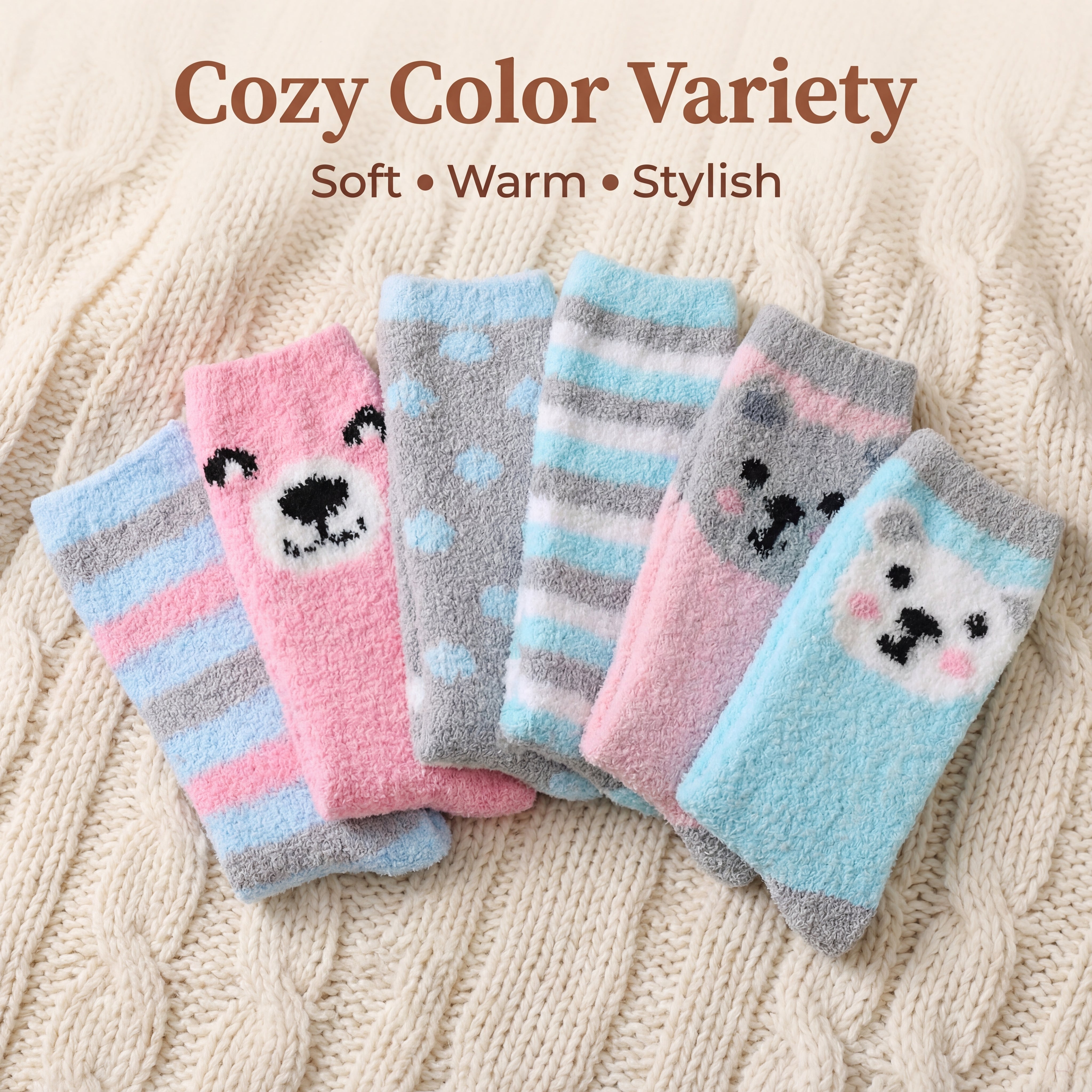 Set of colorful socks with bear faces on a textured fabric background, labeled 'Cozy Color Variety'.