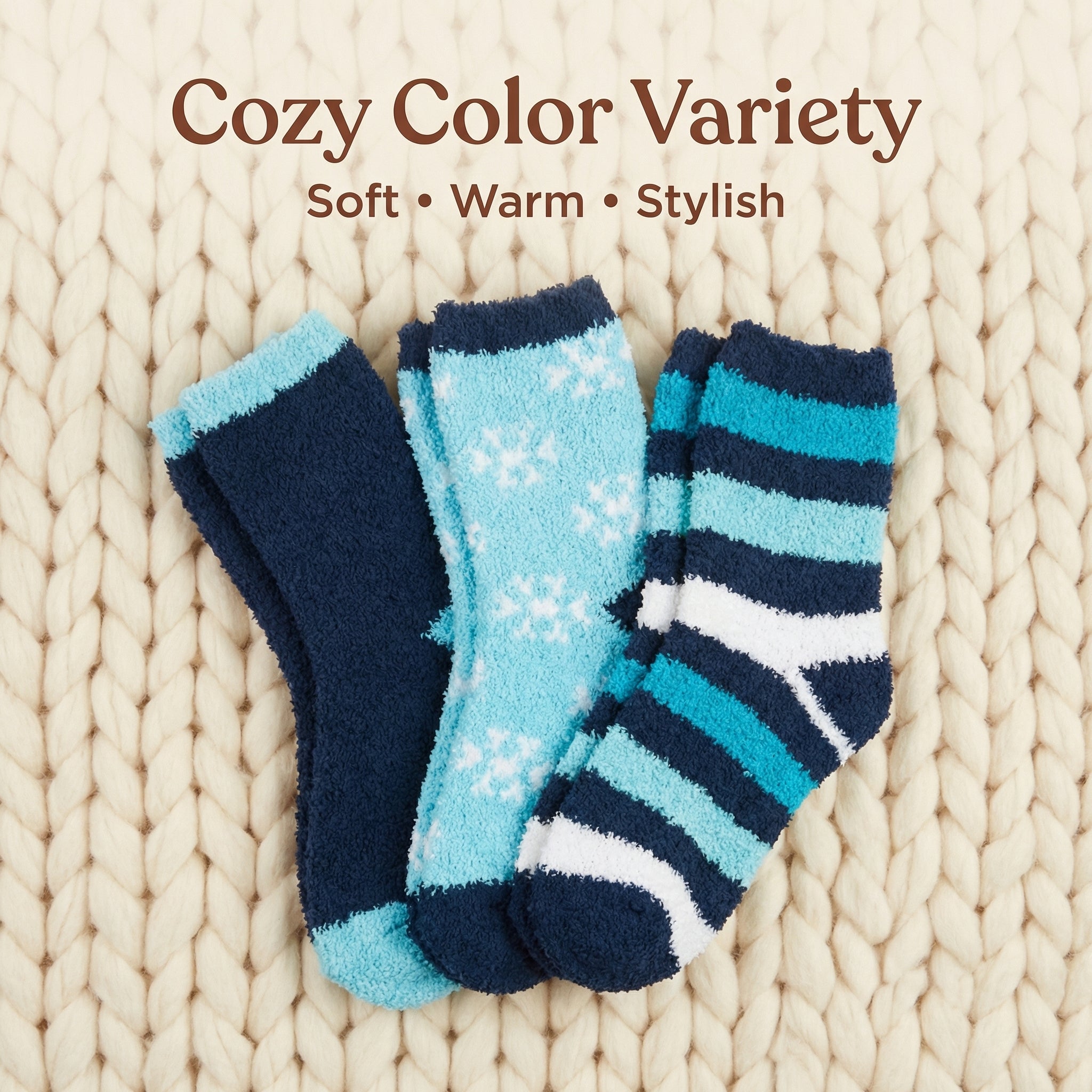 Three pairs of socks in blue and navy on a textured beige surface with text 'Cozy Color Variety'.
