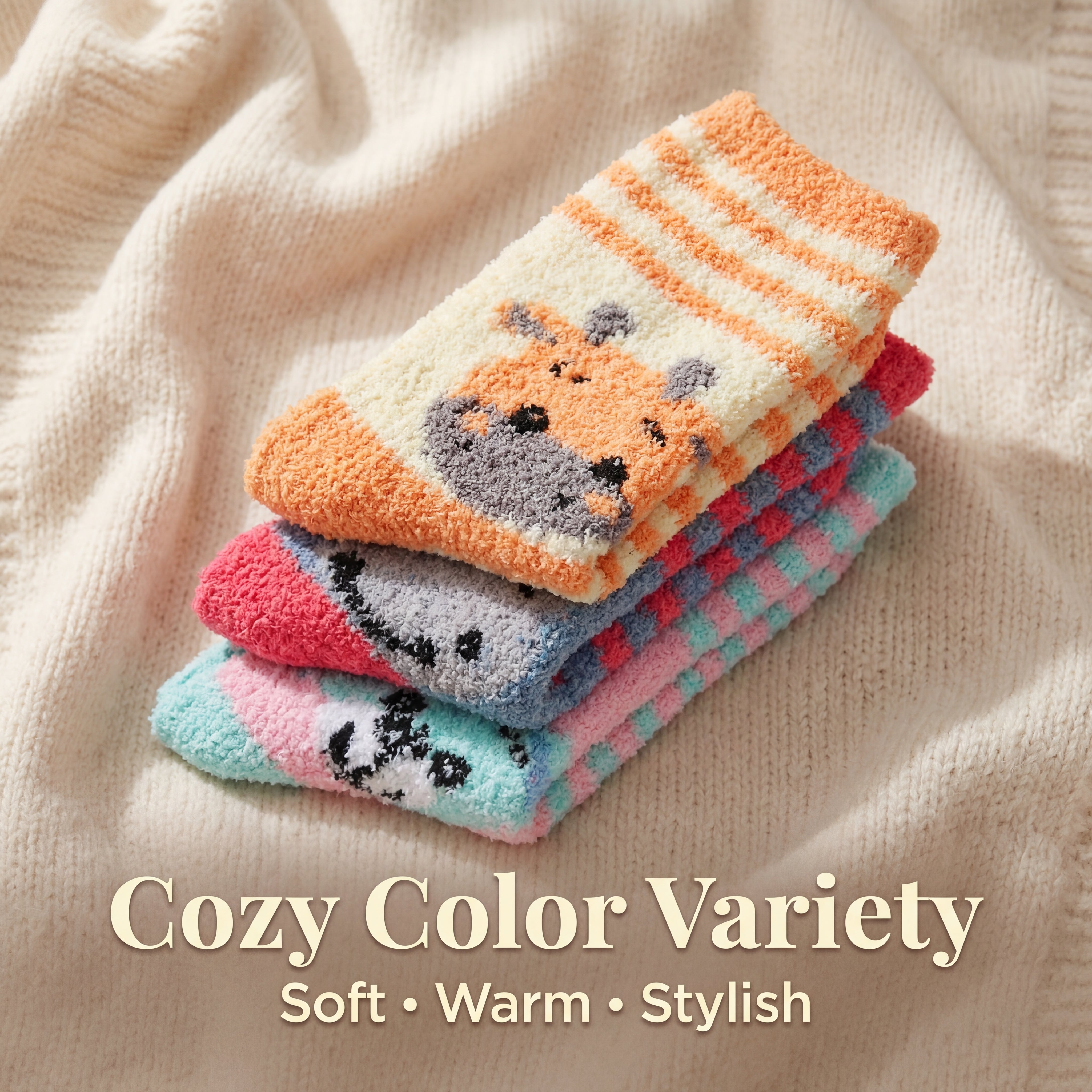 Stack of colorful baby socks with animal faces on a soft beige fabric background.