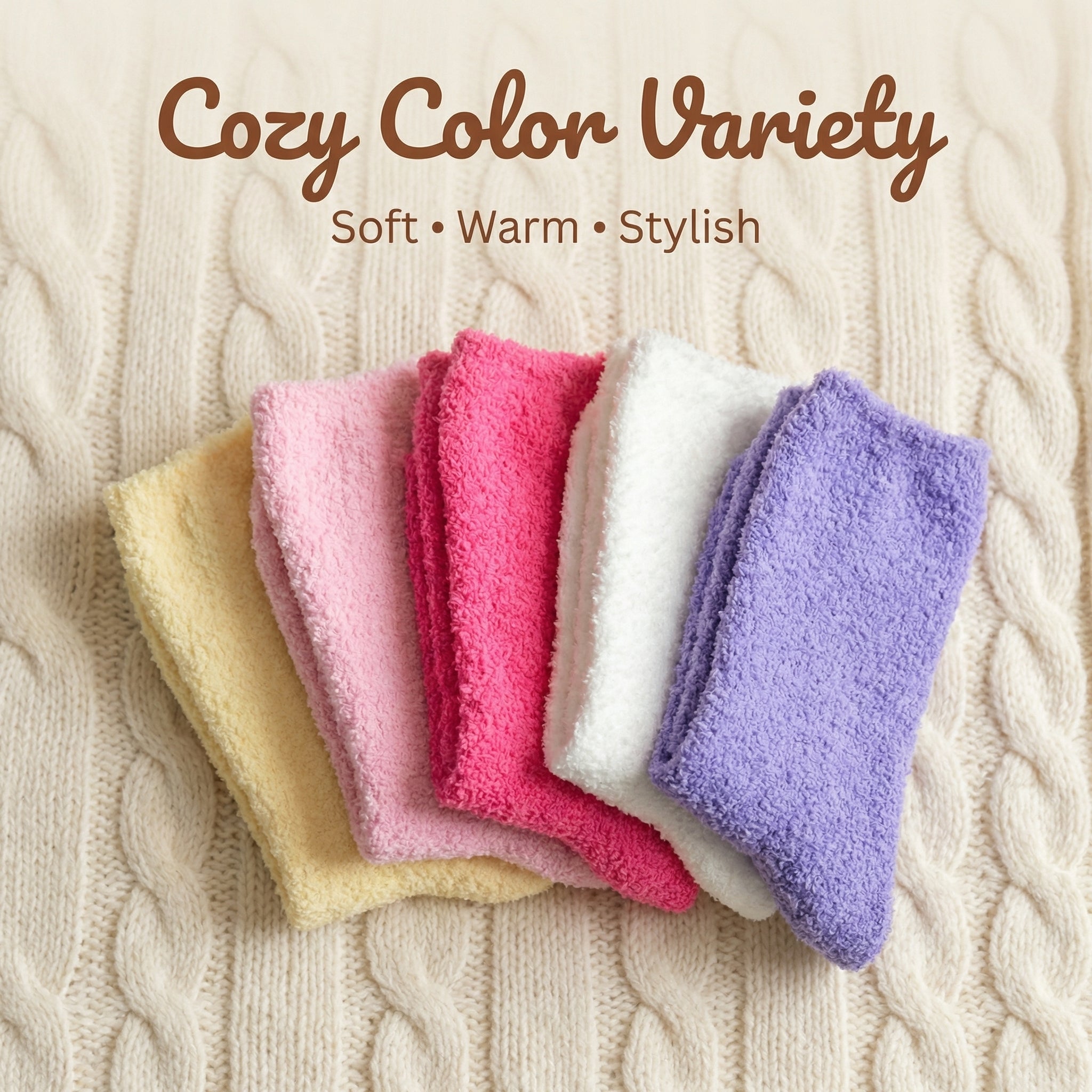 Five colorful washcloths on a textured beige surface with 'Cozy Color Variety' text.