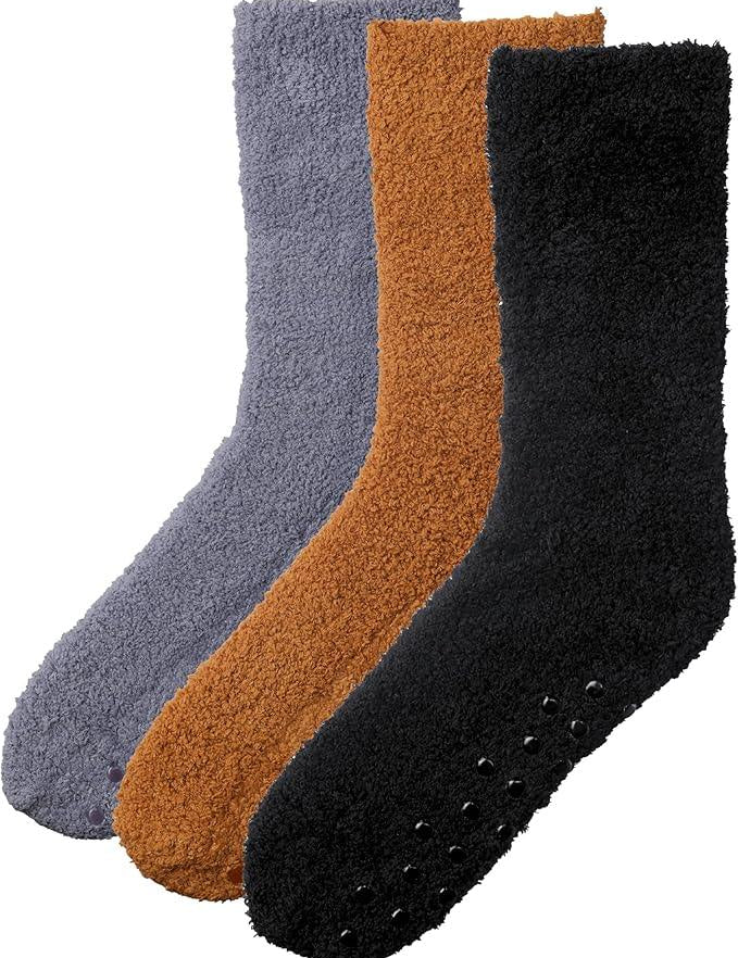  Men's 3-Pairs Classic Neutrals Patterned Solid Anti-Skid Soft Fuzzy Crew Socks - Socks