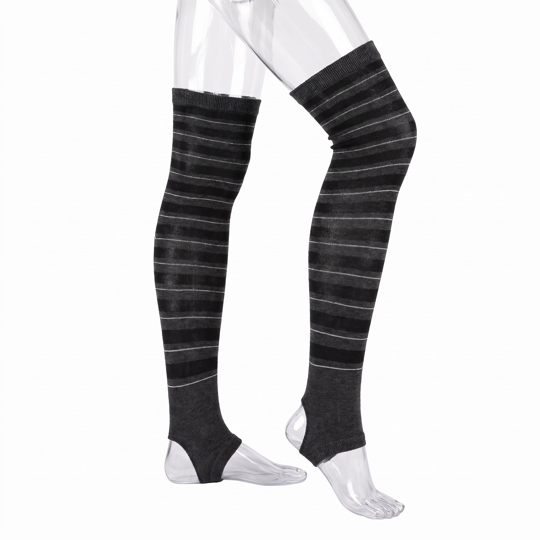 Black and gray striped over-the-knee compression socks shown on a clear mannequin leg form against a white background.