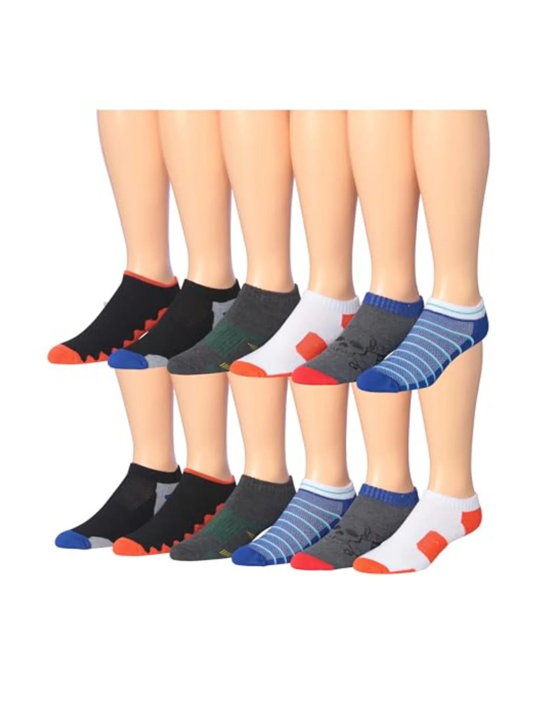 JAMES FIALLO Men's 12-Pairs Performance Low Cut Athletic Contrasting Foot Dynamic Stripes Colorful Patterned Sport Socks - Tipi Toe Socks