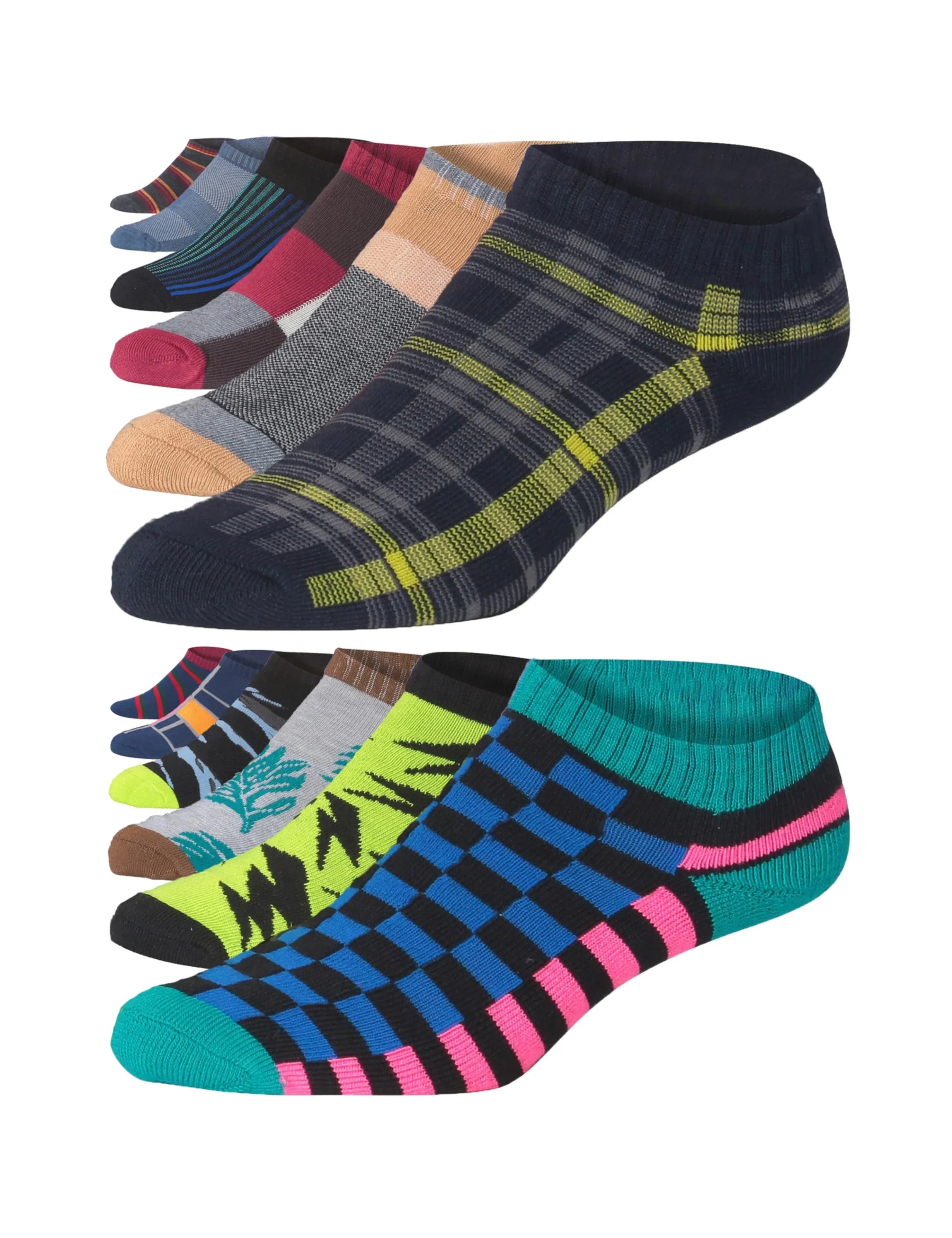 JAMES FIALLO Men's 12-Pairs Performance Low Cut Athletic Leaf Stripe Checkered Pattern Colored Accent Sport Socks - Tipi Toe Socks
