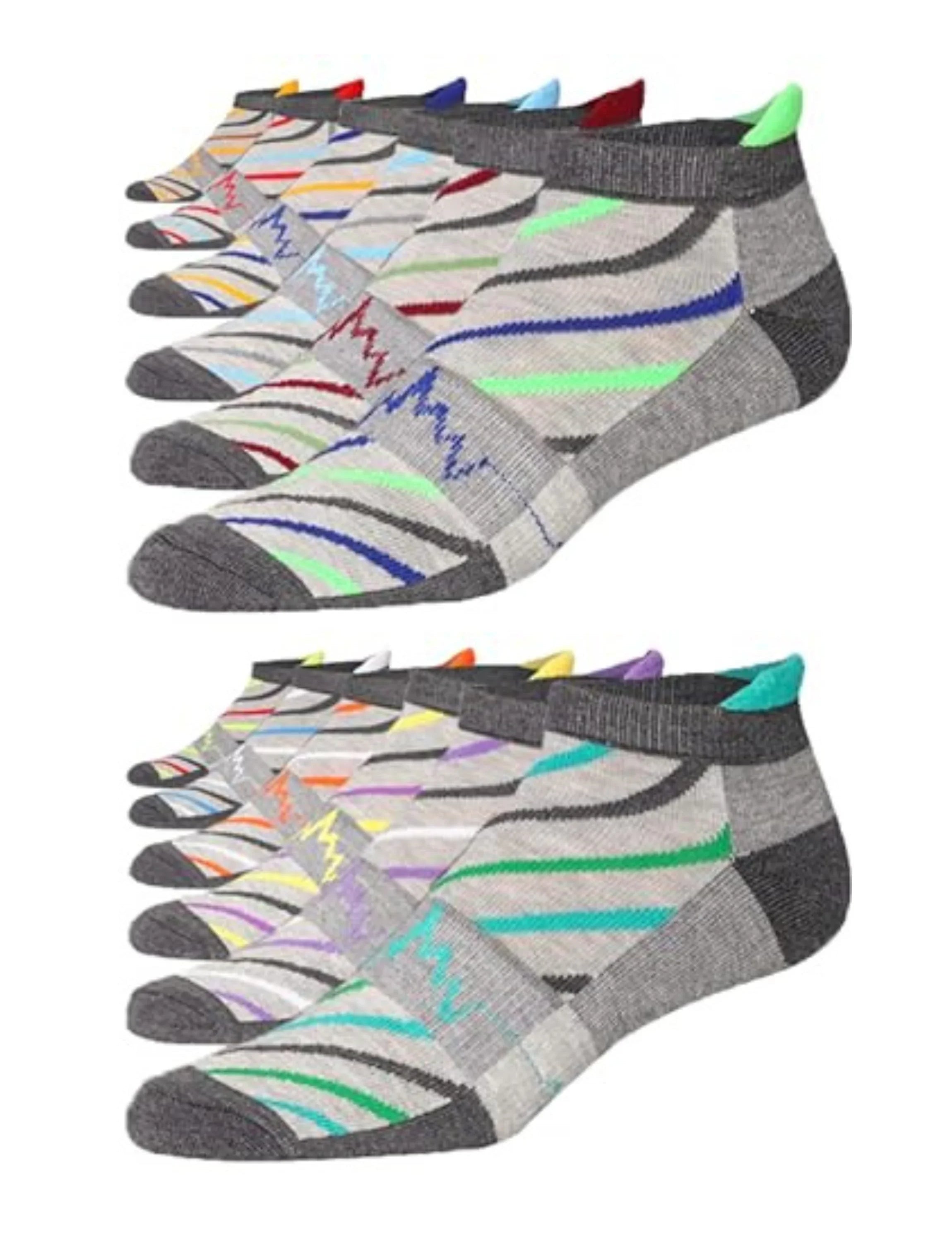 JAMES FIALLO Men's 12-Pairs Performance Low Cut Athletic Dynamic Waves Sleek Gray Canvas Colorful Patterned Sport Socks - Tipi Toe Socks