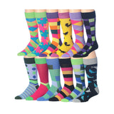 Men's 12 Pairs Vivid Jigsaw Colorful Elegant Funky Unique Pattern Dress Socks - Socks