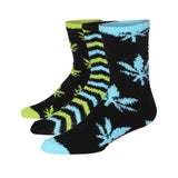  Men's 3-Pairs Nature Elegance Leaf Cyan Stripes Patterned Solid Anti-Skid Soft Fuzzy Crew Socks - Socks
