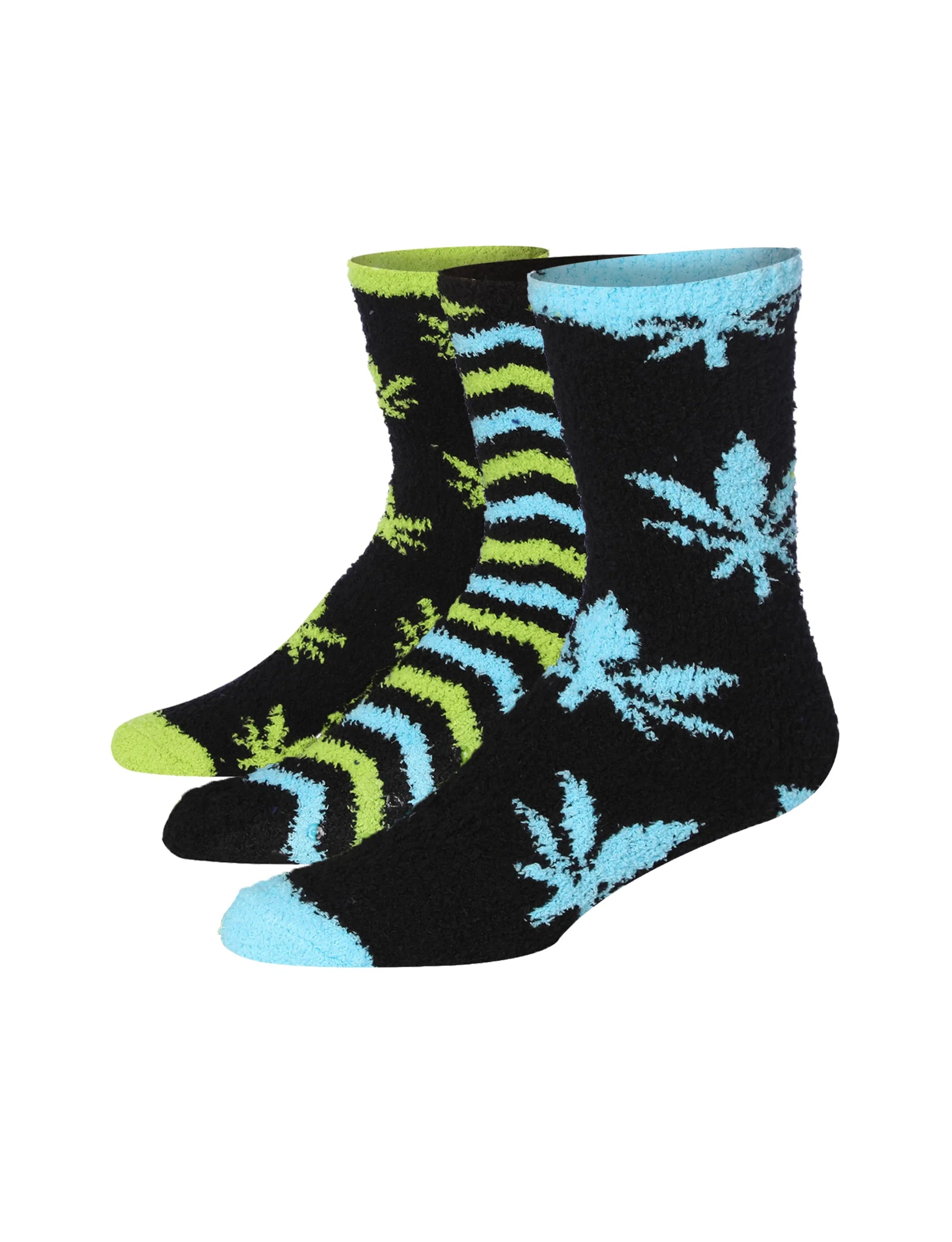  Men's 3-Pairs Nature Elegance Leaf Cyan Stripes Patterned Solid Anti-Skid Soft Fuzzy Crew Socks - Socks