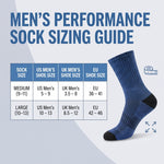 Men's performance sock sizing guide infographic with a blue sock illustration, shoe size conversion table, and sizing labels for medium and large sizes.