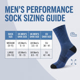 Men's performance sock sizing guide infographic with a blue sock illustration, shoe size conversion table, and sizing labels for medium and large sizes.