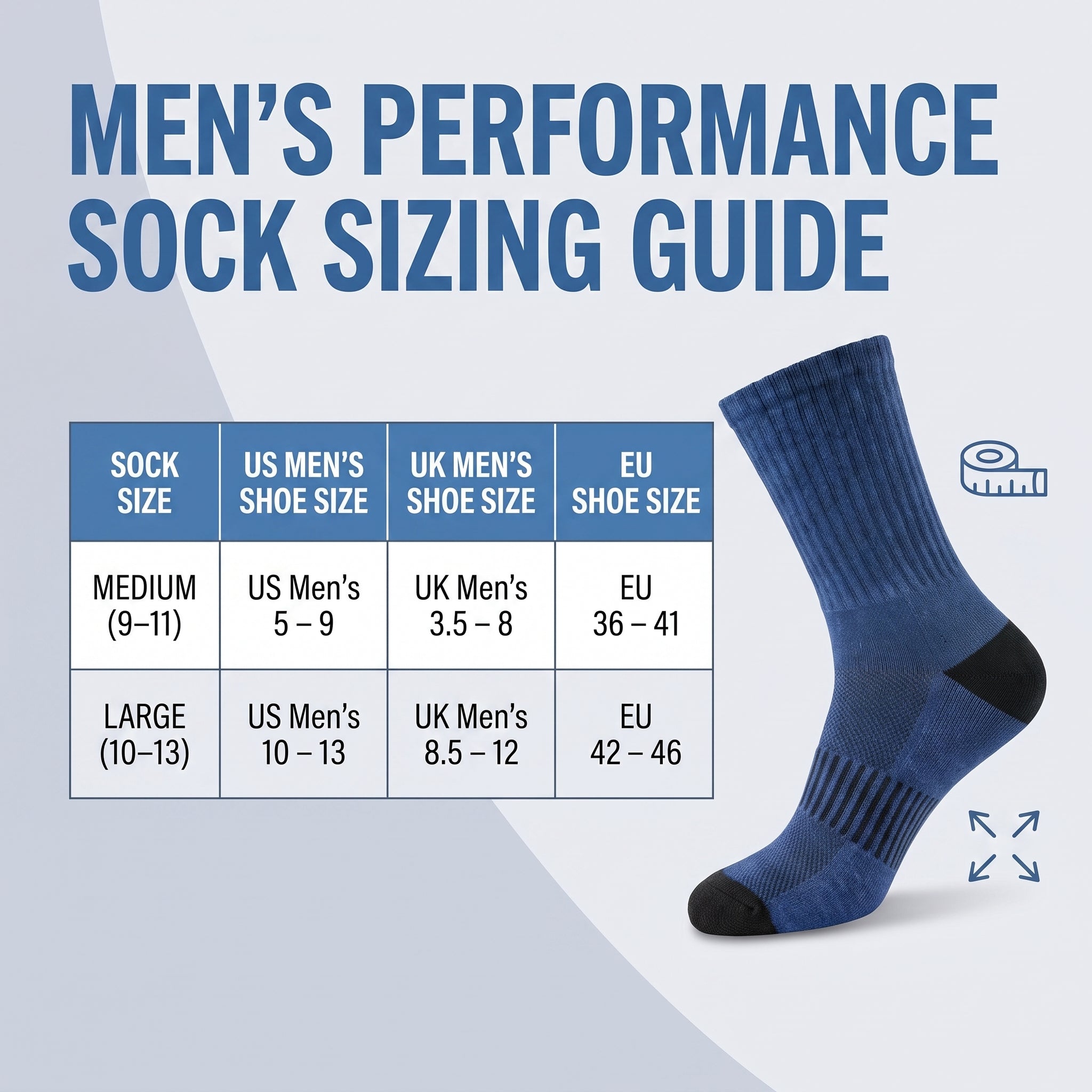 Men's performance sock sizing guide infographic with a blue sock illustration, shoe size conversion table, and sizing labels for medium and large sizes.