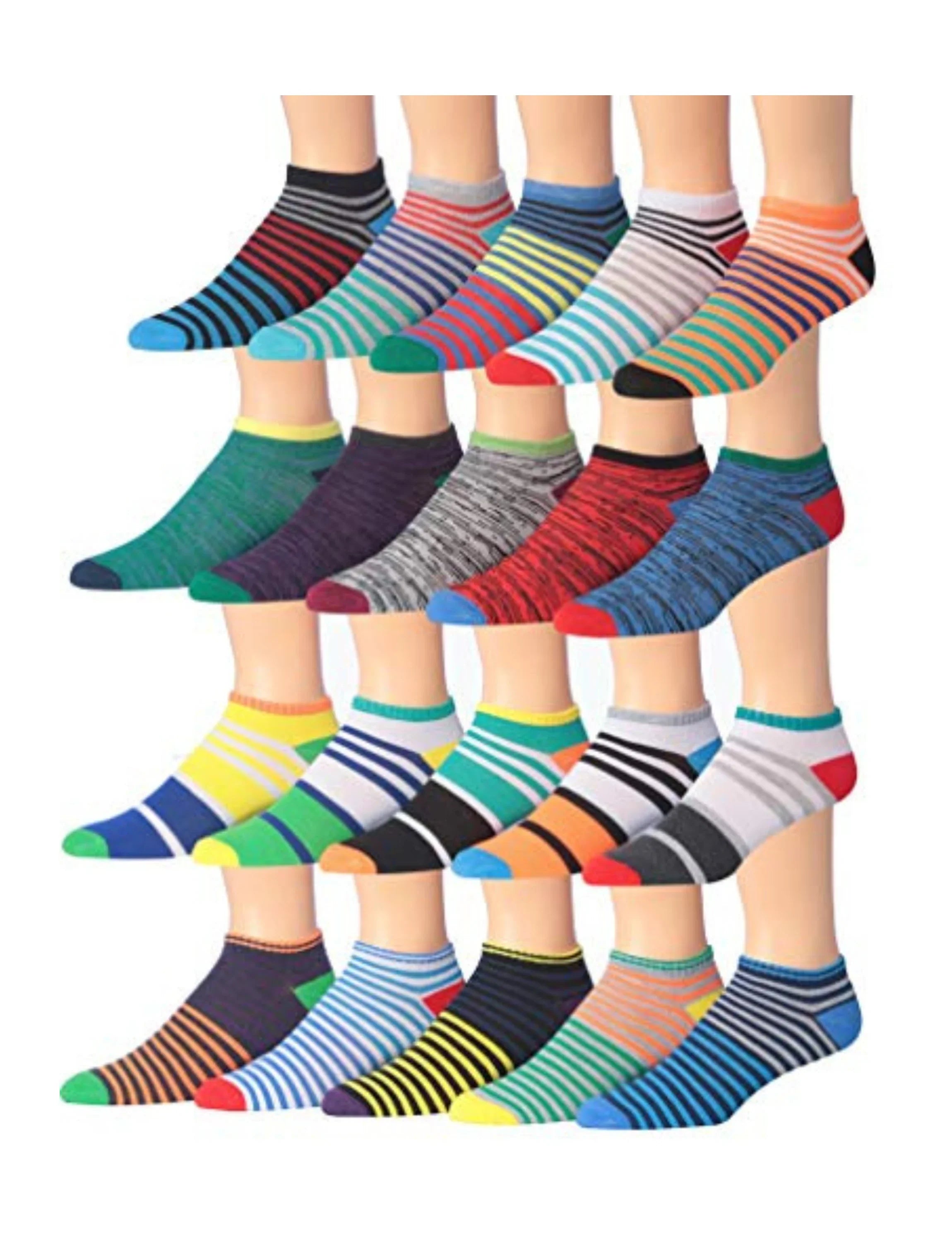 Men's 20 Pairs Classy Extra Lightweight Colorful Dynamic Lines of Style Patterned Low Cut/No Show Socks - Tipi Toe Socks