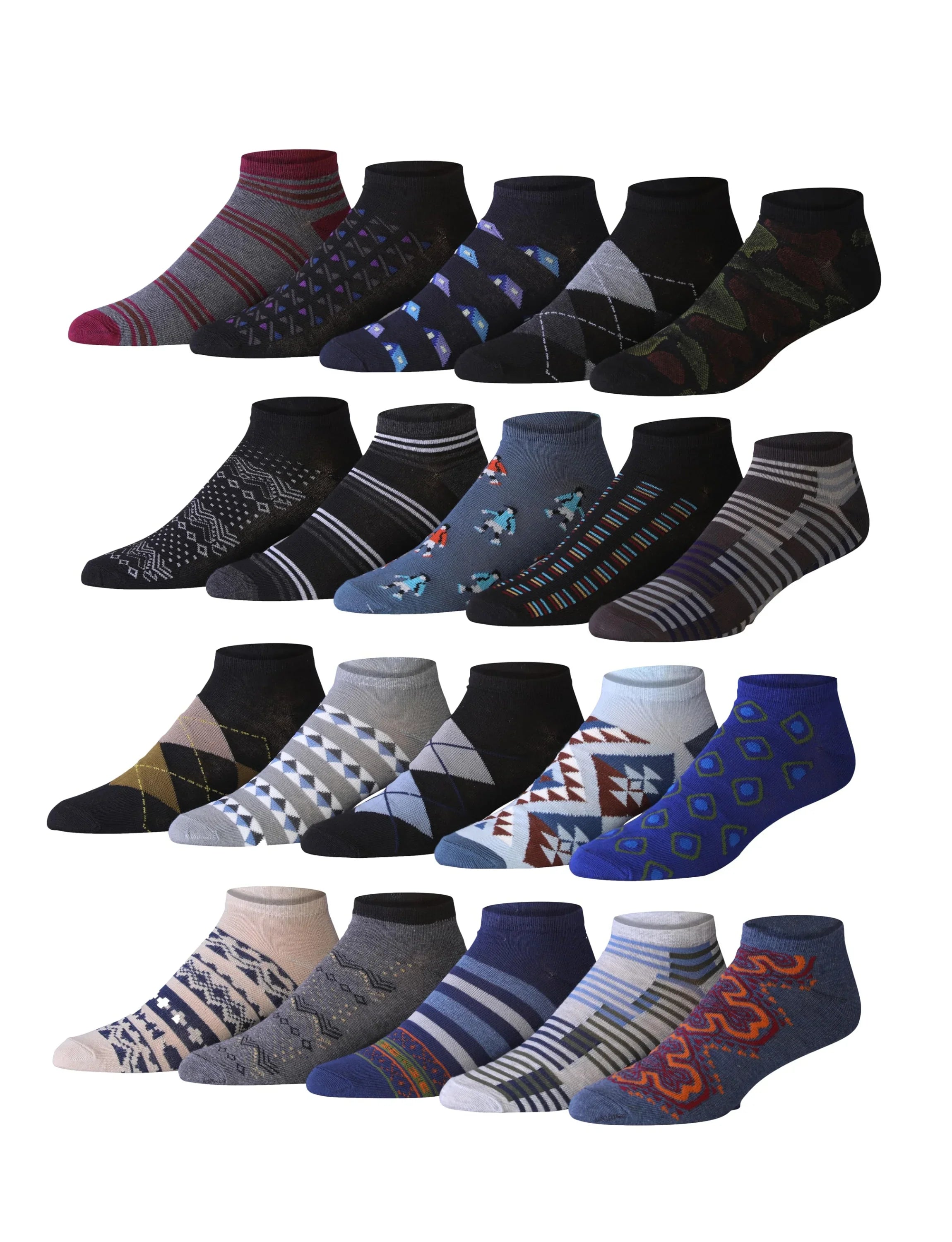 Men's 20 Pairs Classy Extra Lightweight Contemporary Argyle Stryped Colorful Patterned Low Cut/No Show Socks - Tipi Toe Socks