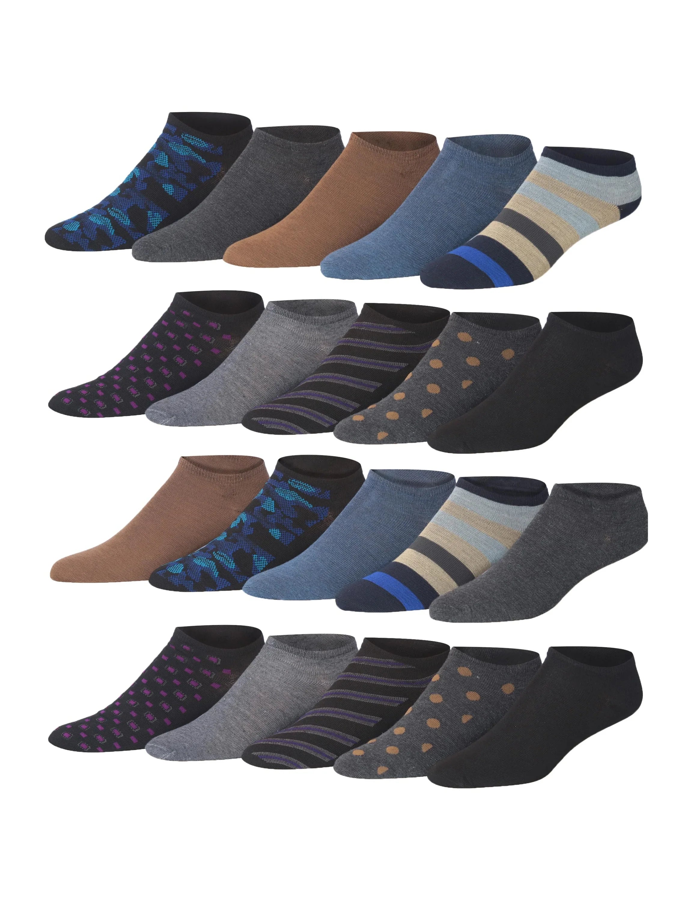 Men's 20 Pairs Classy Extra Lightweight Dark Colored Abstract and Dotted Pattern Low Cut/No Show Socks - Tipi Toe Socks