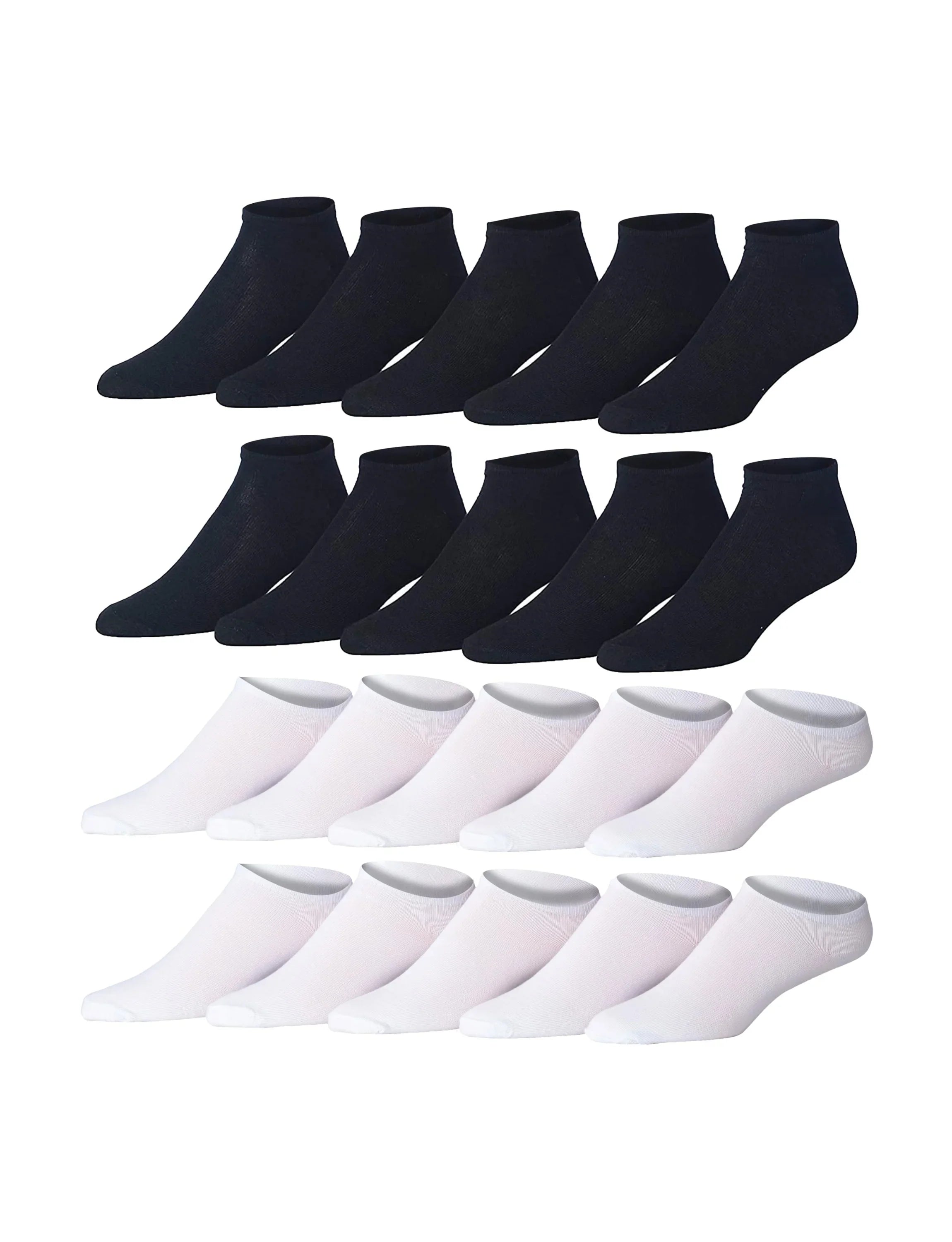 Men's 20 Pairs Classy Extra Lightweight Chromatic Duality Solid Plain White and Black Low Cut/No Show Socks - Tipi Toe Socks