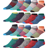 JAMES FIALLO Men's 20 Pairs Classy Extra Lightweight Vivid Multicolor Stripes Patterned Design Low Cut/No Show Socks