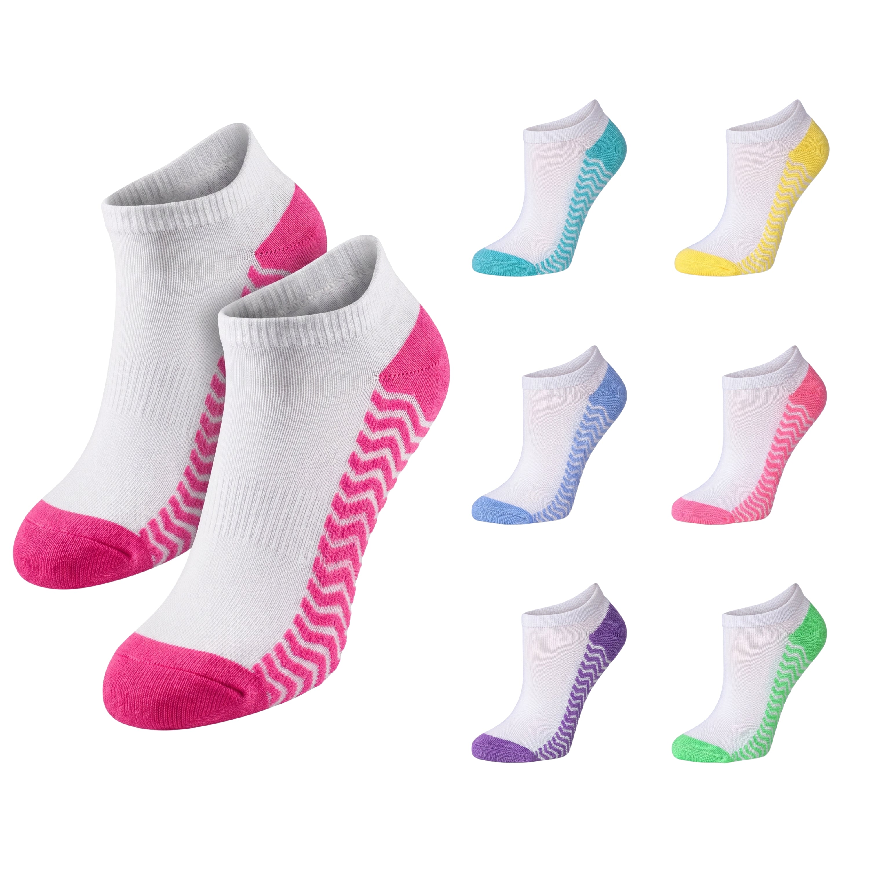 A set of low-cut athletic socks shown on a plain white background, with two larger white socks featuring bright pink toes, heels, and chevron-patterned sides, plus eight smaller color variants arranged around them.