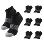 Black low-cut athletic socks with gray toes and heels, featuring a white striped band around the ankle, shown with a large pair in front and nine smaller pairs arranged in a grid on a white background.