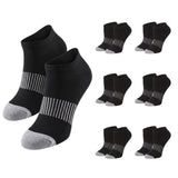 Black low-cut athletic socks with gray toes and heels, featuring a white striped band around the ankle, shown with a large pair in front and nine smaller pairs arranged in a grid on a white background.