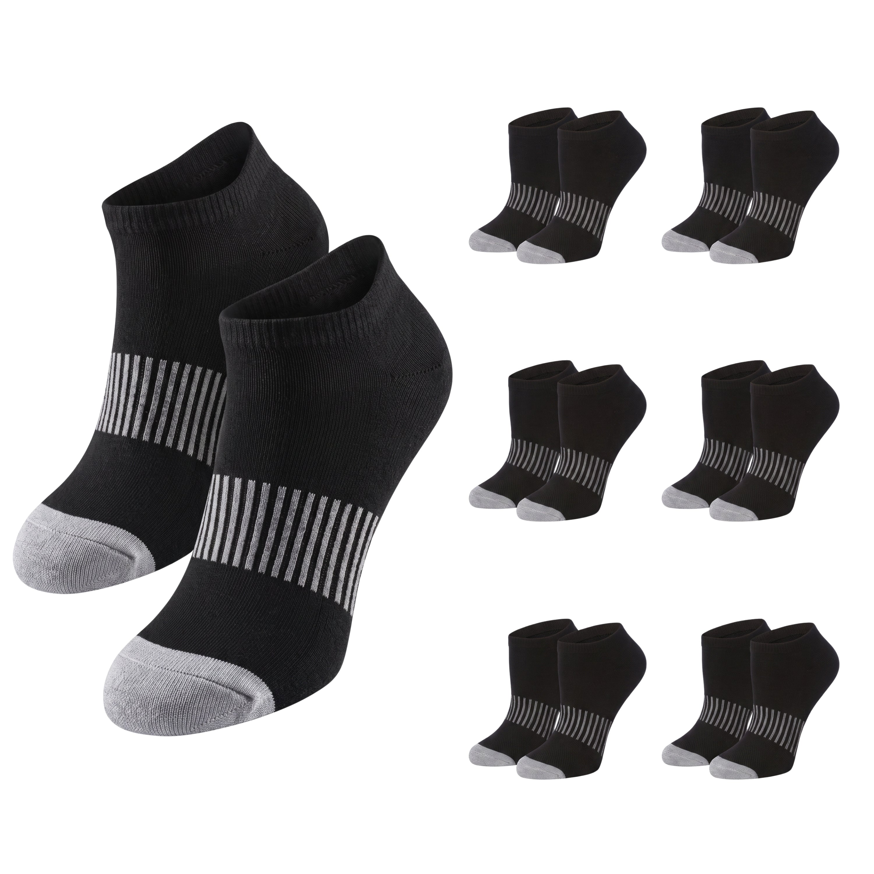 Black low-cut athletic socks with gray toes and heels, featuring a white striped band around the ankle, shown with a large pair in front and nine smaller pairs arranged in a grid on a white background.