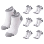 White low-cut athletic socks with gray heels, toes, and ribbed cuffs, shown with one large pair and nine smaller duplicate pairs on a plain white background.