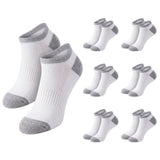 White low-cut athletic socks with gray heels, toes, and ribbed cuffs, shown with one large pair and nine smaller duplicate pairs on a plain white background.