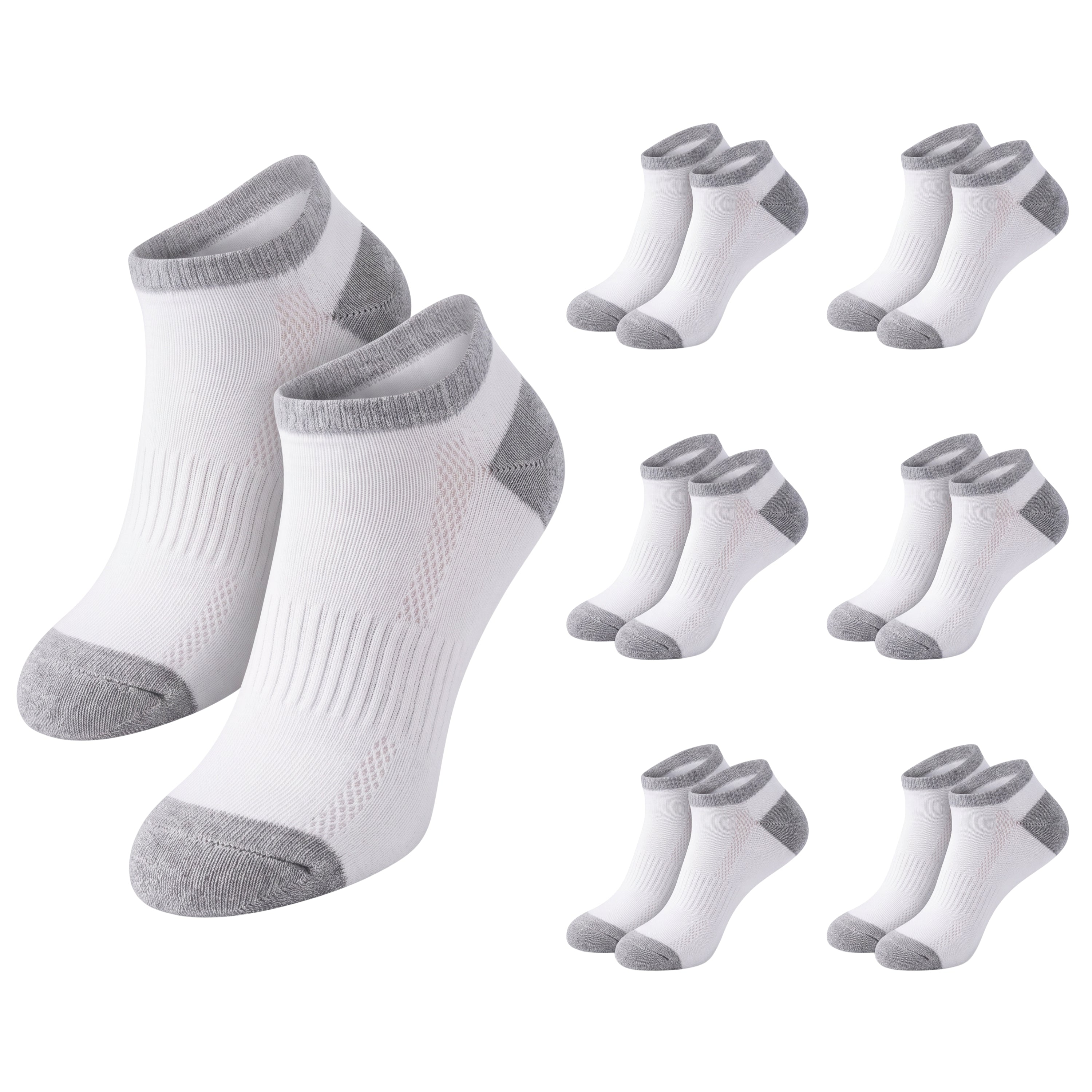 White low-cut athletic socks with gray heels, toes, and ribbed cuffs, shown with one large pair and nine smaller duplicate pairs on a plain white background.