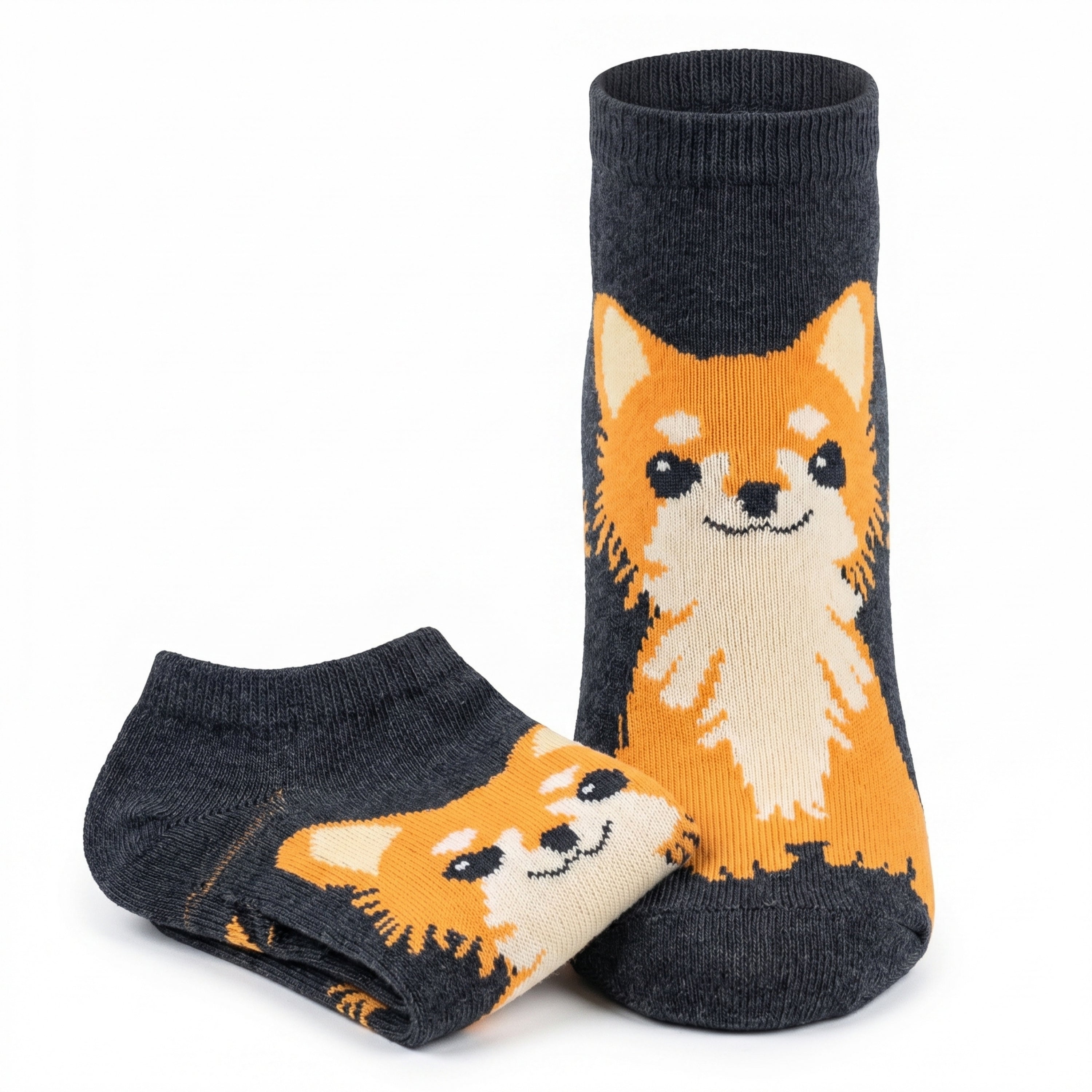 Pair of socks with fox design on a white background