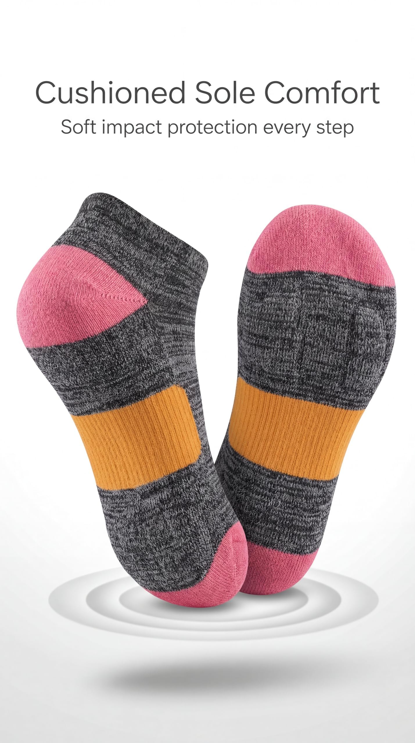 Pair of socks with gray, pink, and orange design on a white background