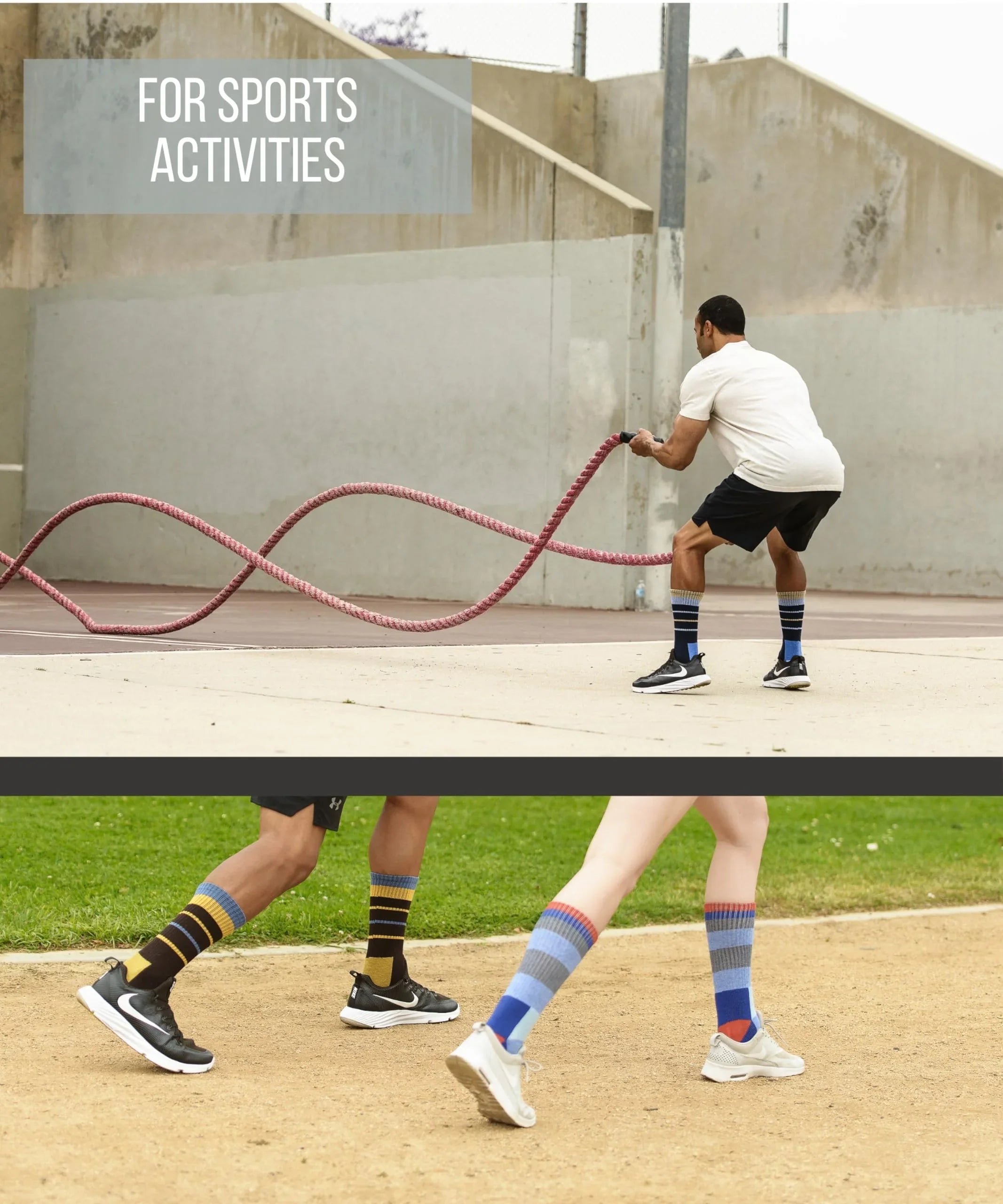 Person using a rope for sports activities with text 'FOR SPORTS ACTIVITIES' above.