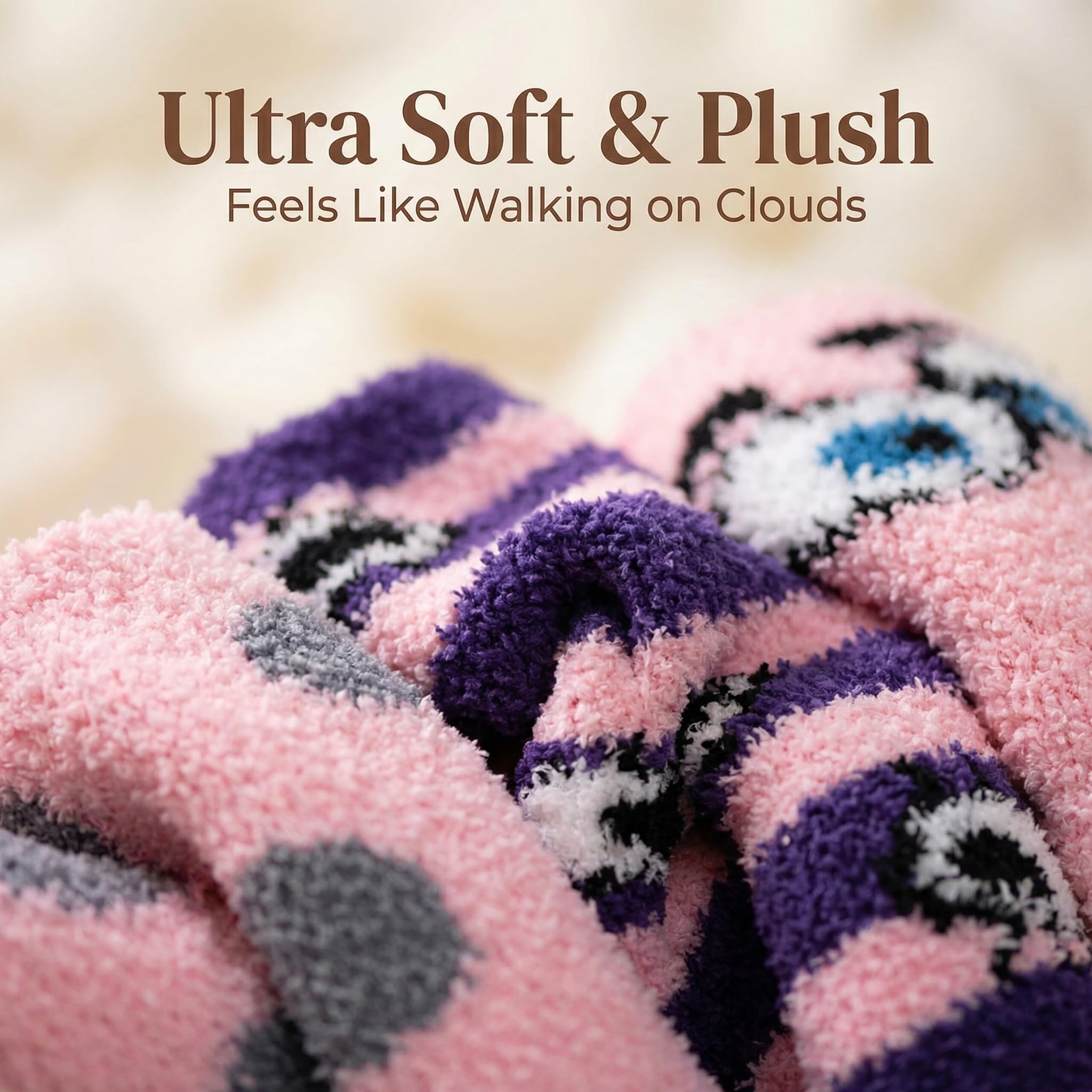 Pink, purple, and gray fuzzy socks with text 'Ultra Soft & Plush Feels Like Walking on Clouds' on a blurred background.