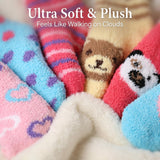 Plush socks with cartoon characters and text 'Ultra Soft & Plush Feels Like Walking on Clouds'.