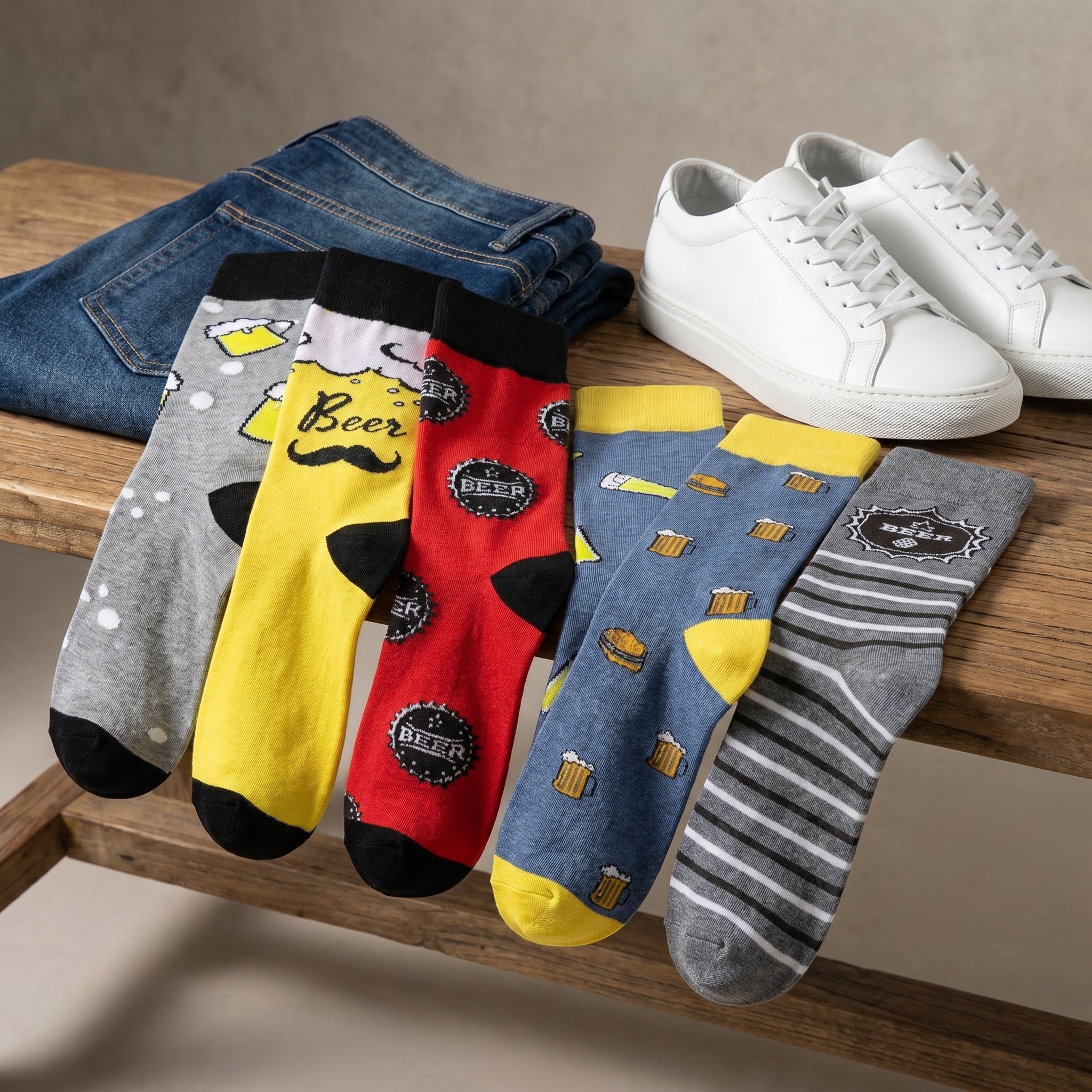 Five pairs of novelty socks with beer-themed prints are displayed on a wooden bench next to folded blue jeans and white sneakers. The socks feature designs including a yellow character with a mustache, a red bear with 'Beer' text, blue beer glasses, and gray-and-white stripes.