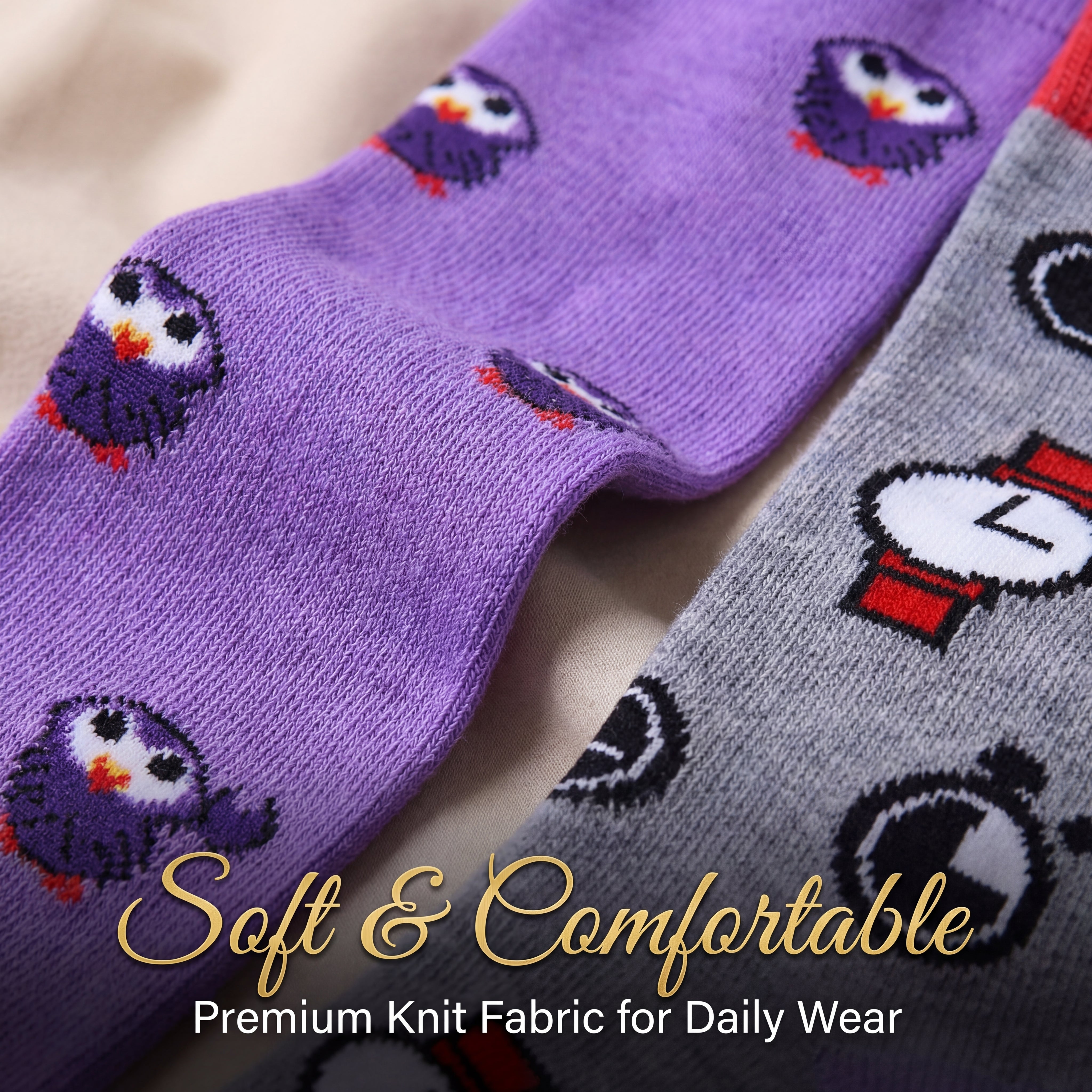 Purple and gray socks with owl and clock designs on a neutral background, labeled 'Soft & Comfortable'.