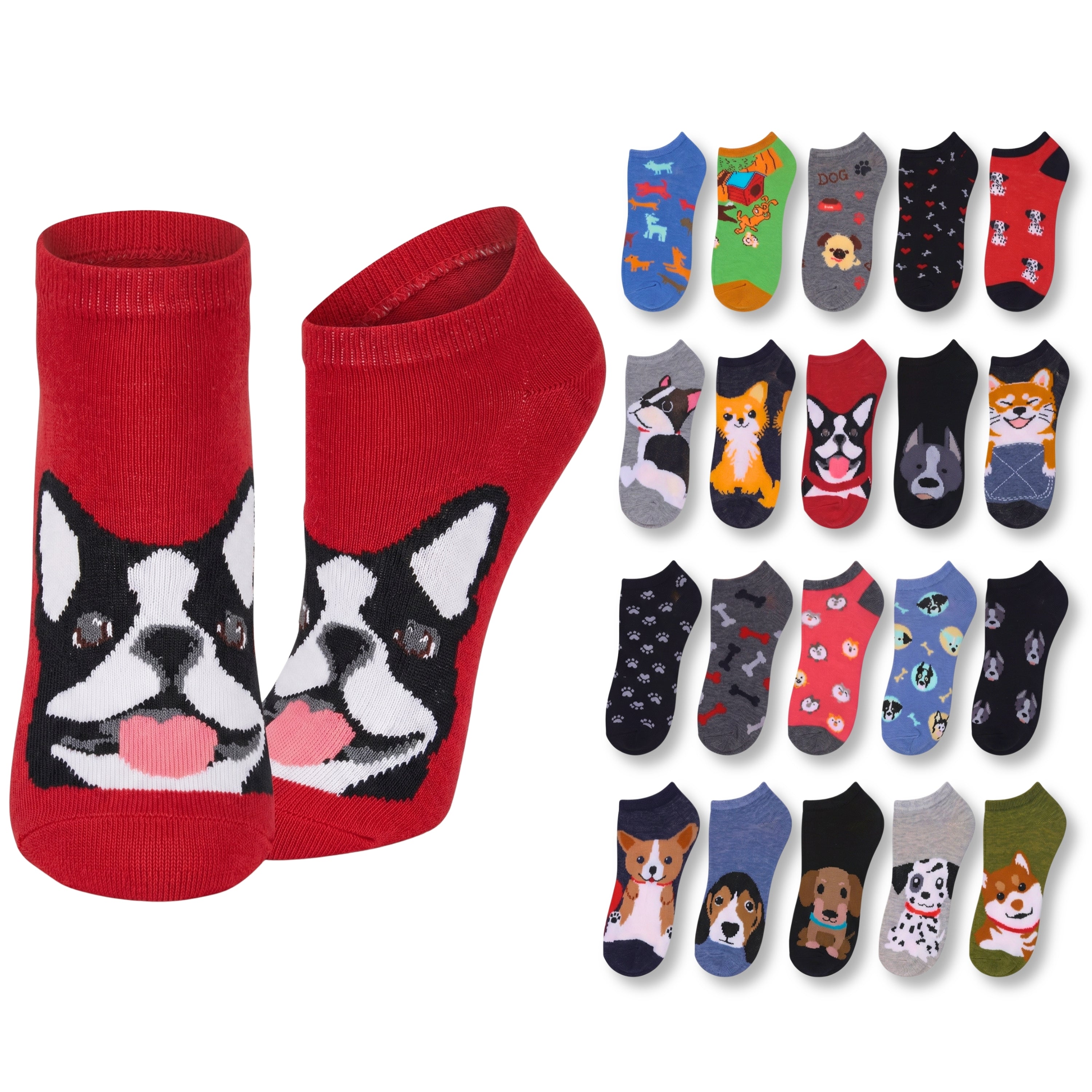 Red low-cut socks with a Boston Terrier face printed on the front, shown alongside a grid of multiple color and pattern variations featuring different dog illustrations.