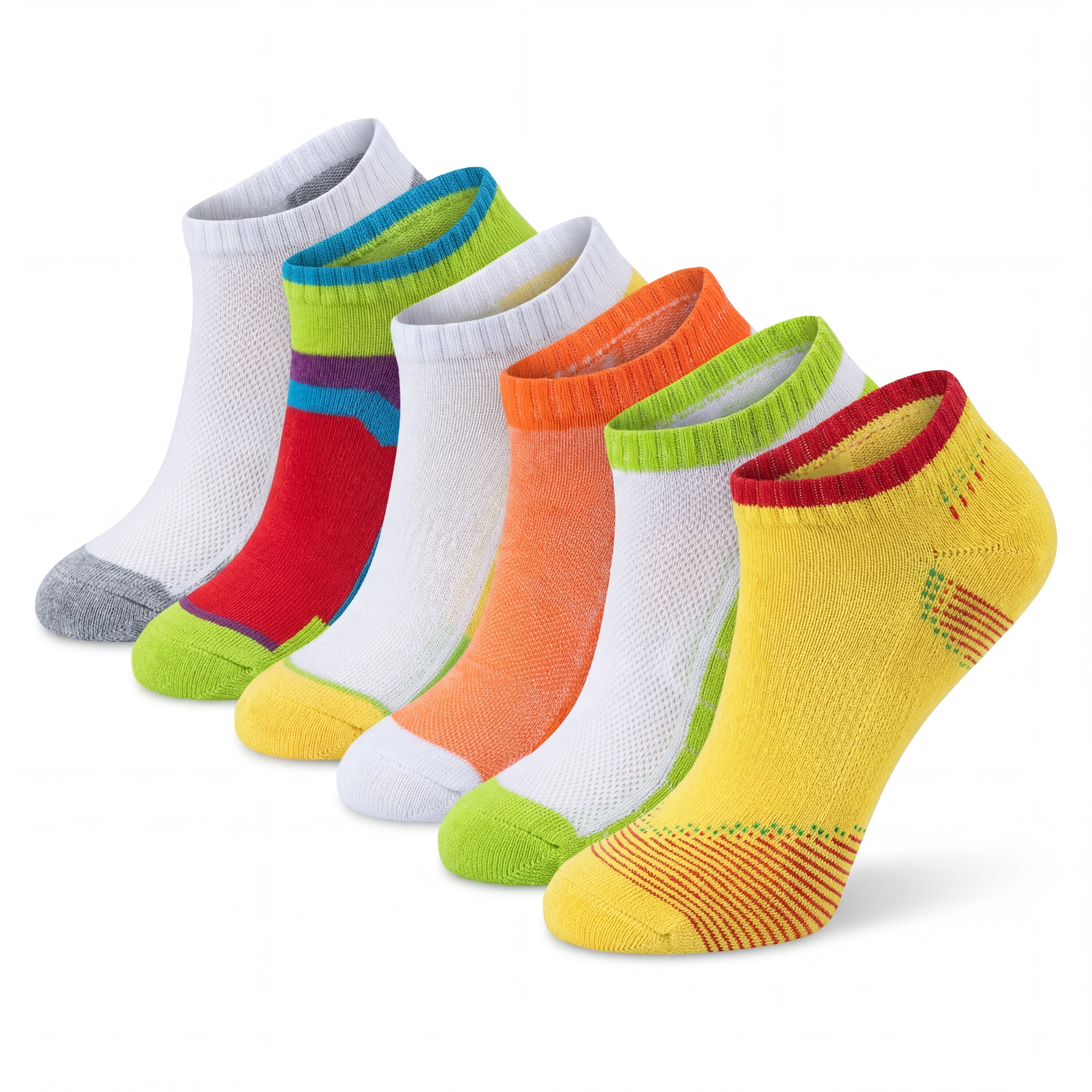 Set of colorful socks with various patterns on a white background
