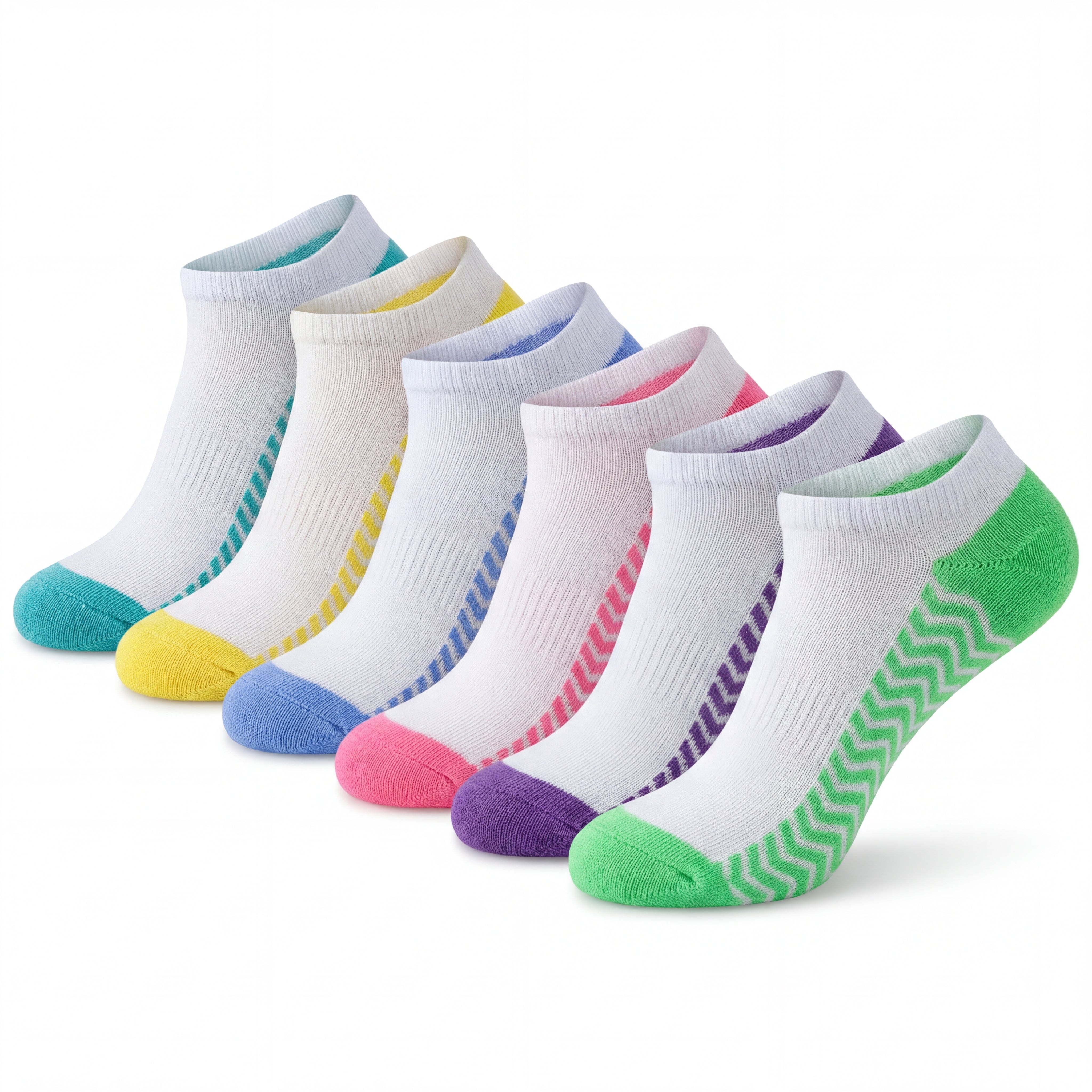 Set of six pairs of colorful socks with gradient toe and heel designs on a white background.