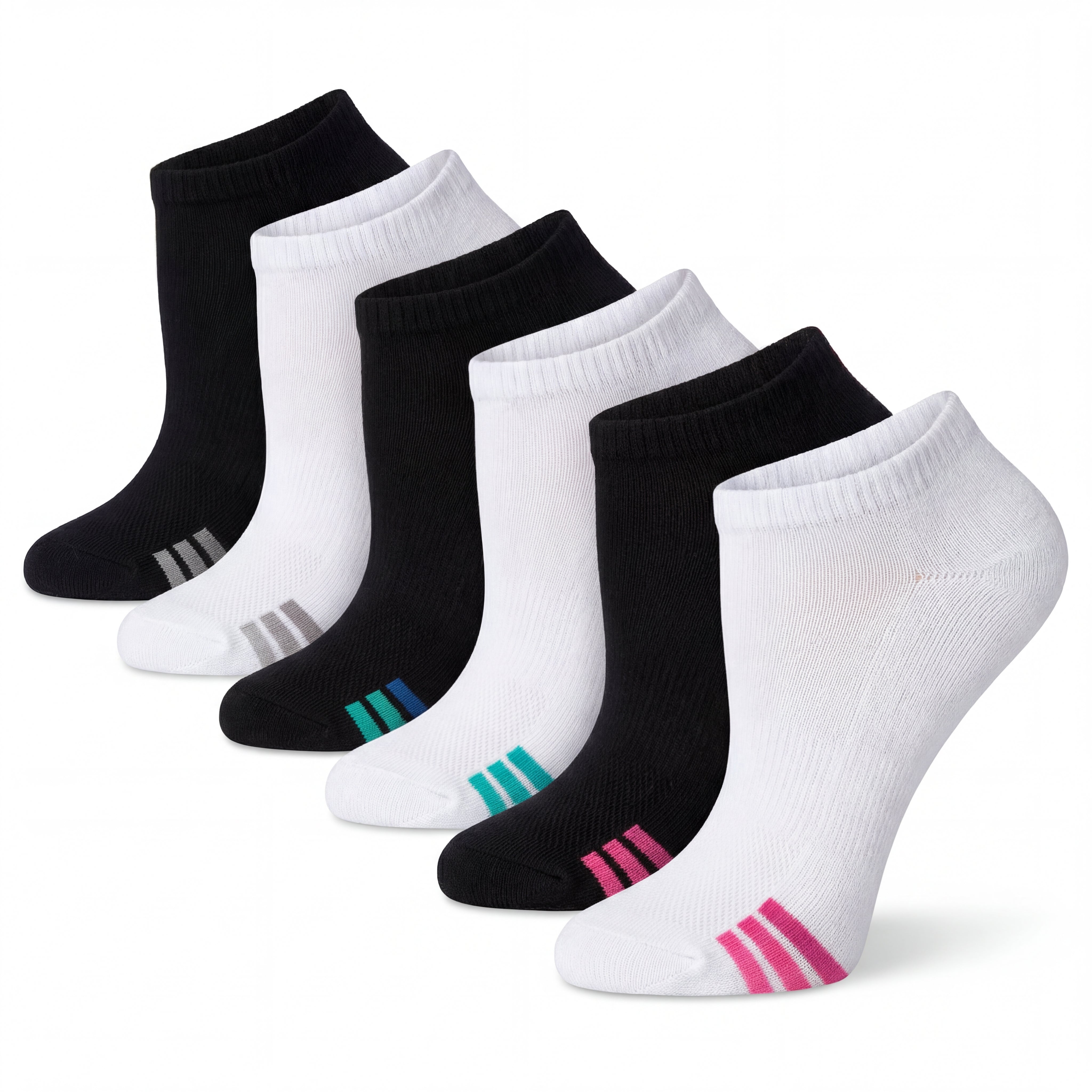 Set of black and white ankle socks with colorful stripes on a white background