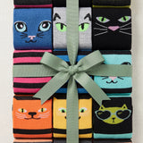 Set of cat-themed socks tied with a ribbon on a light background