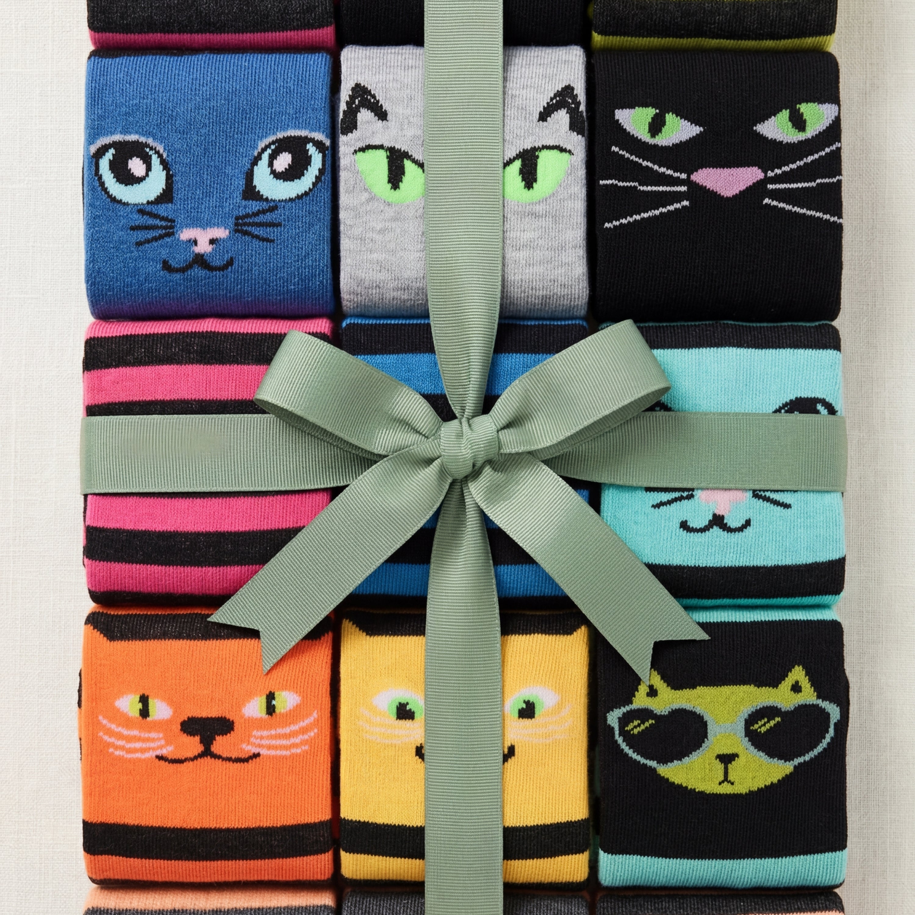 Set of cat-themed socks tied with a ribbon on a light background