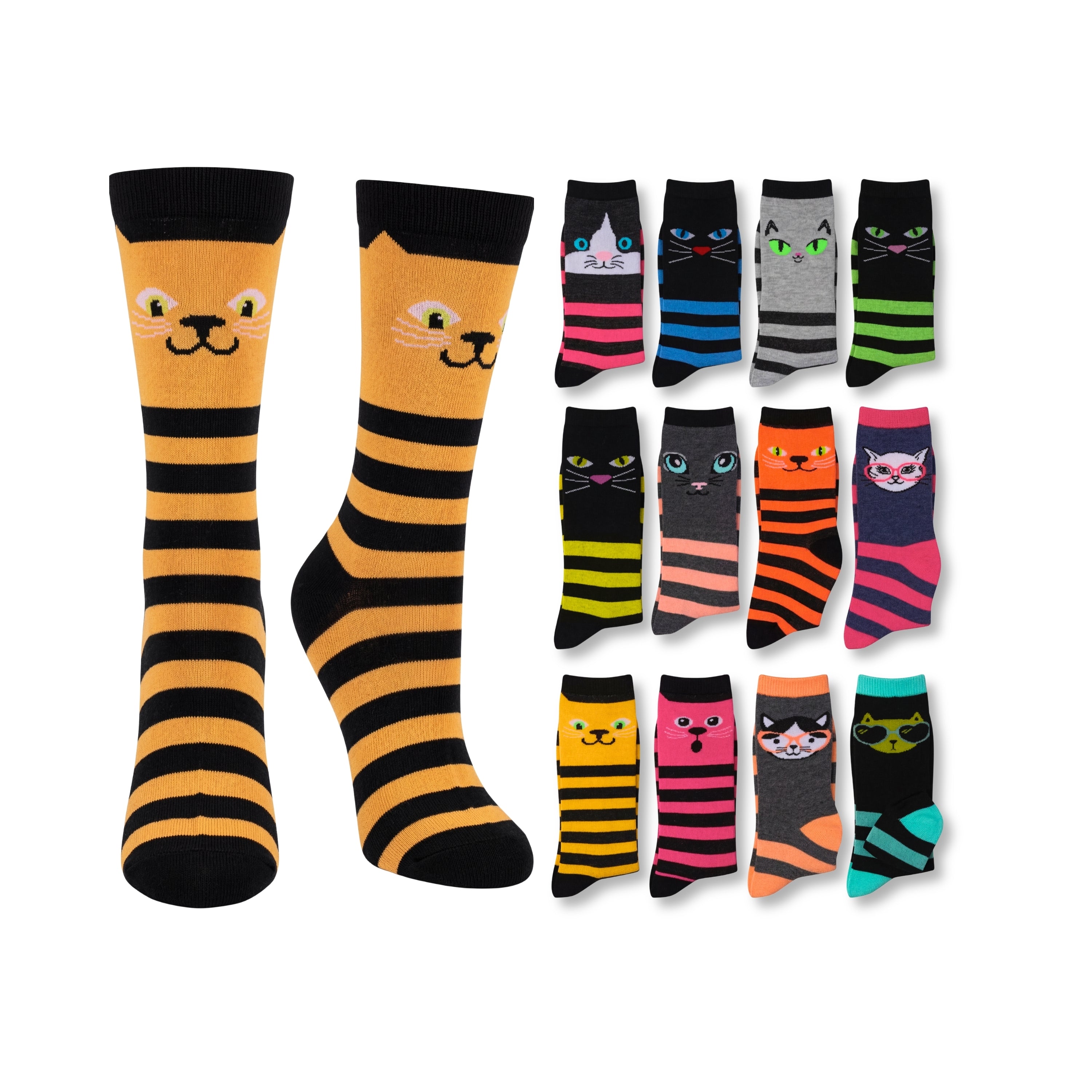 Set of cat-themed socks with various designs on a white background