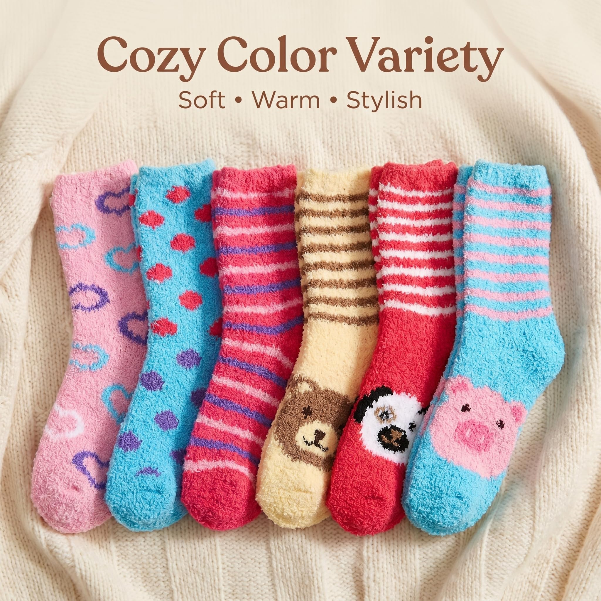 Set of colorful children's socks with various patterns on a beige background.
