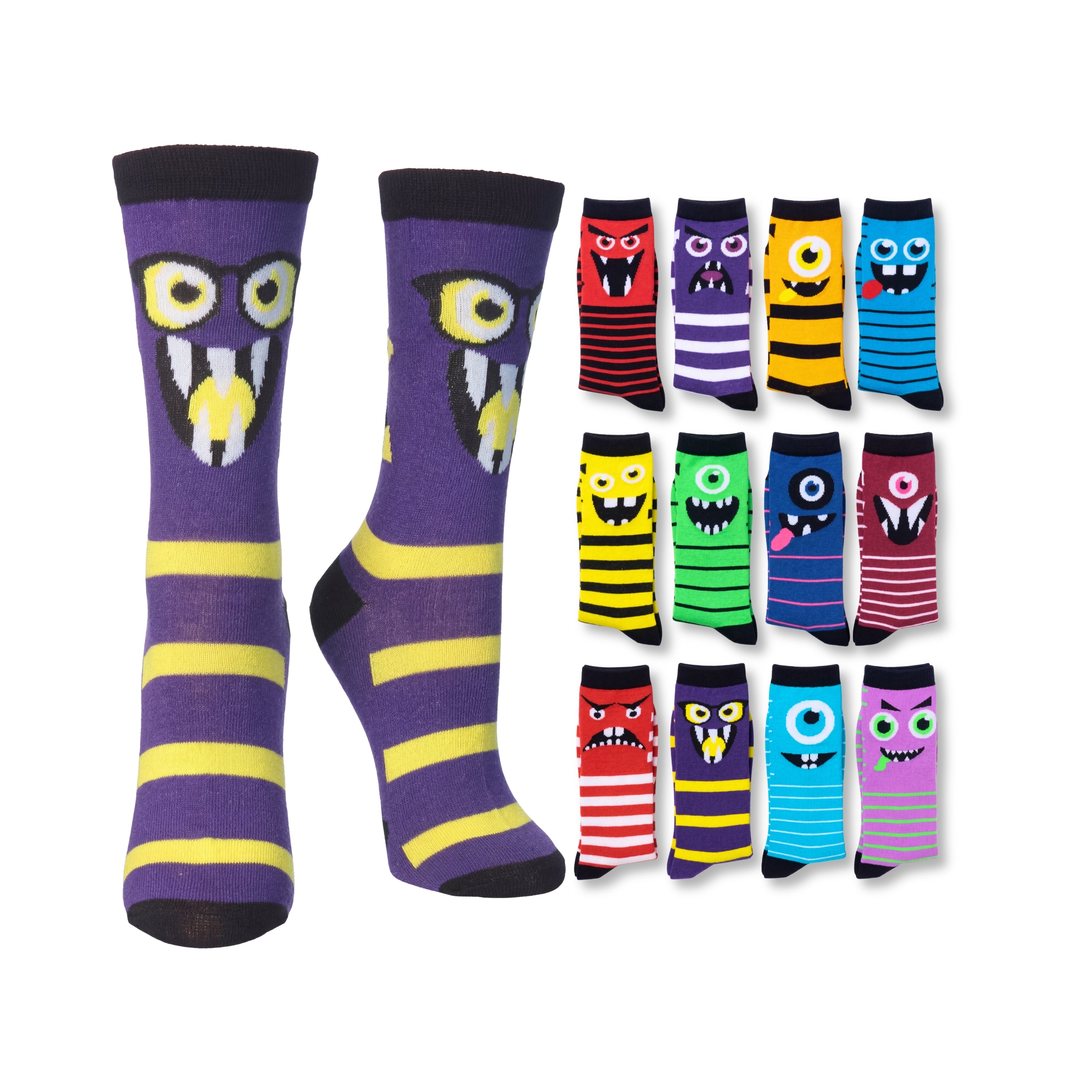 Set of colorful monster-themed socks on a white background