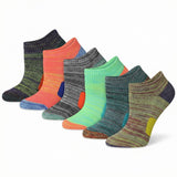 Set of colorful socks arranged in a row on a white background