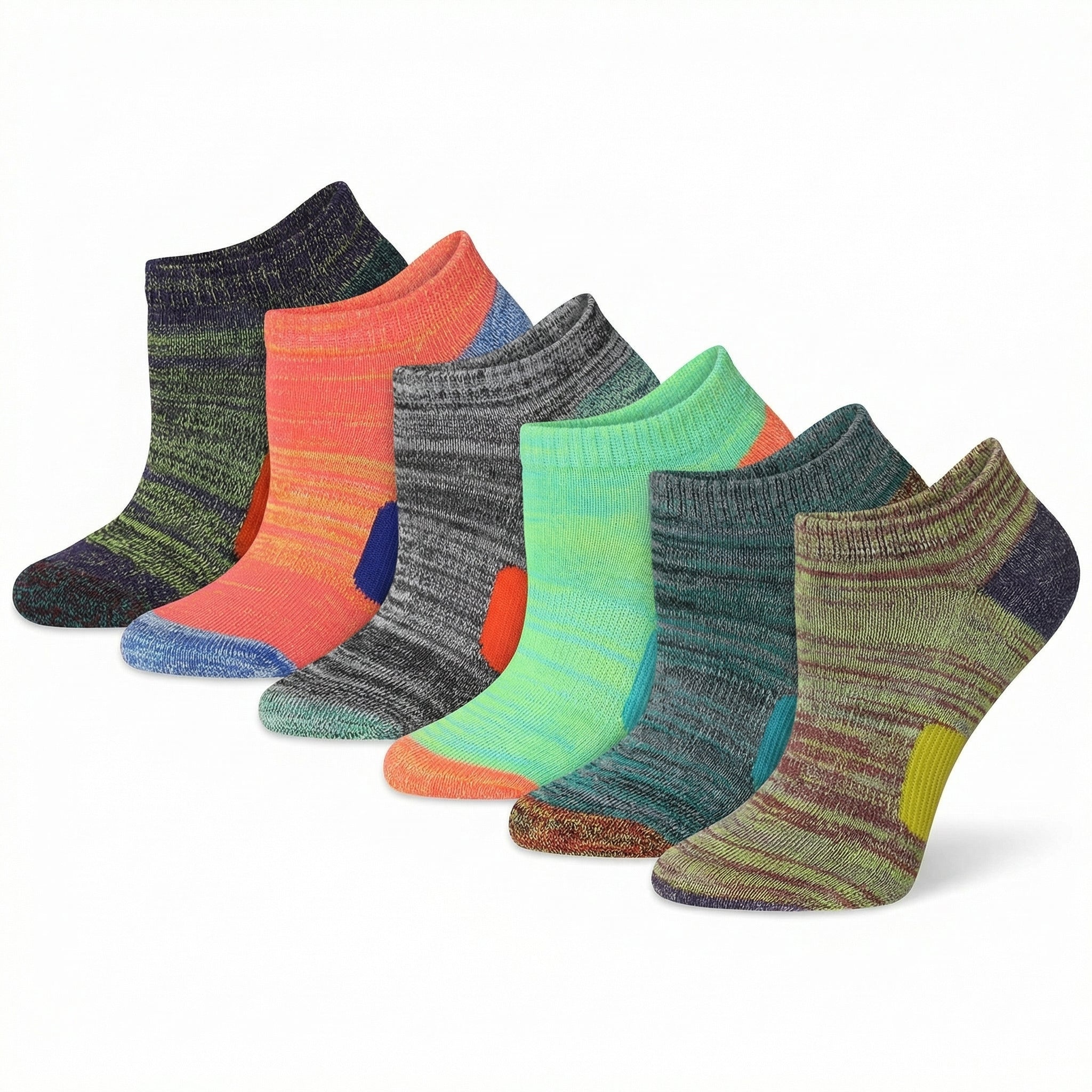 Set of colorful socks arranged in a row on a white background