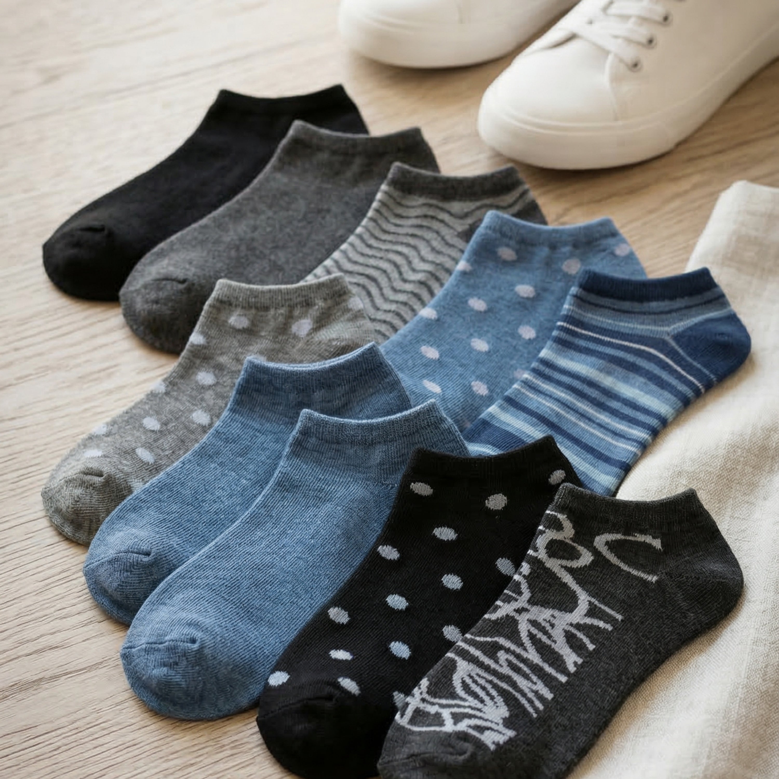 Set of colorful socks on a wooden floor with white shoes in the background