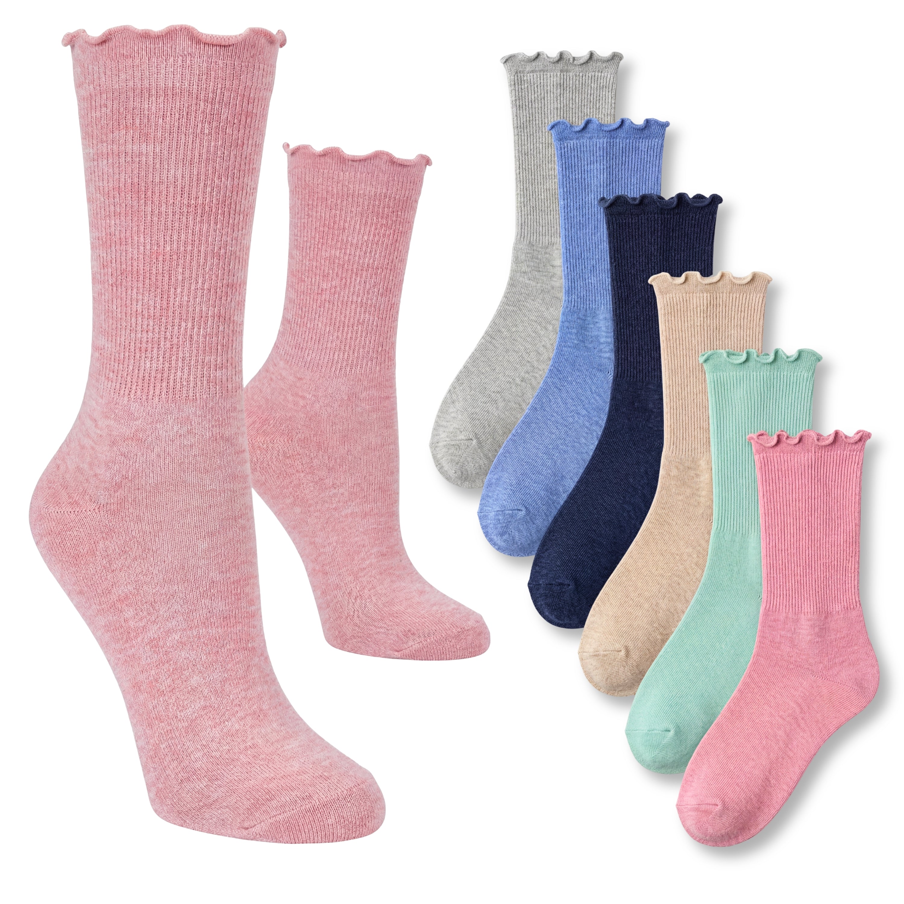 Set of colorful socks with ruffled edges on a white background