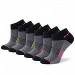 Set of eight pairs of socks with varying color patterns on a white background